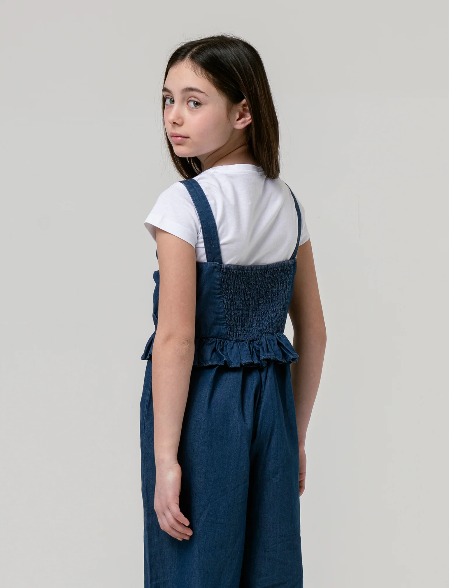 Salopette in chambray da bambina - DENIM SCURO - Image 2