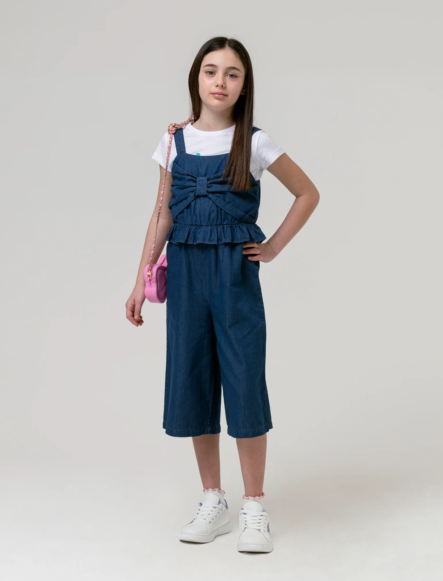 Salopette in chambray da bambina - DENIM SCURO - Image 3