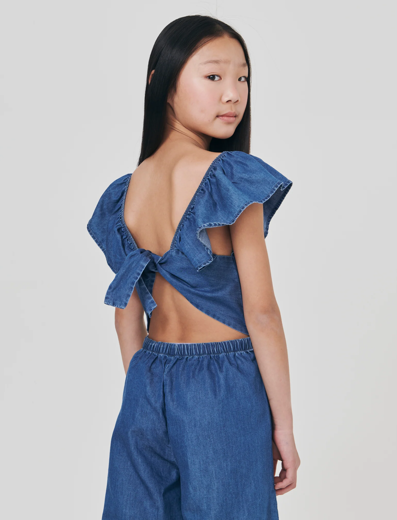 Salopette lunga in chambray con rouches - DENIM SCURO