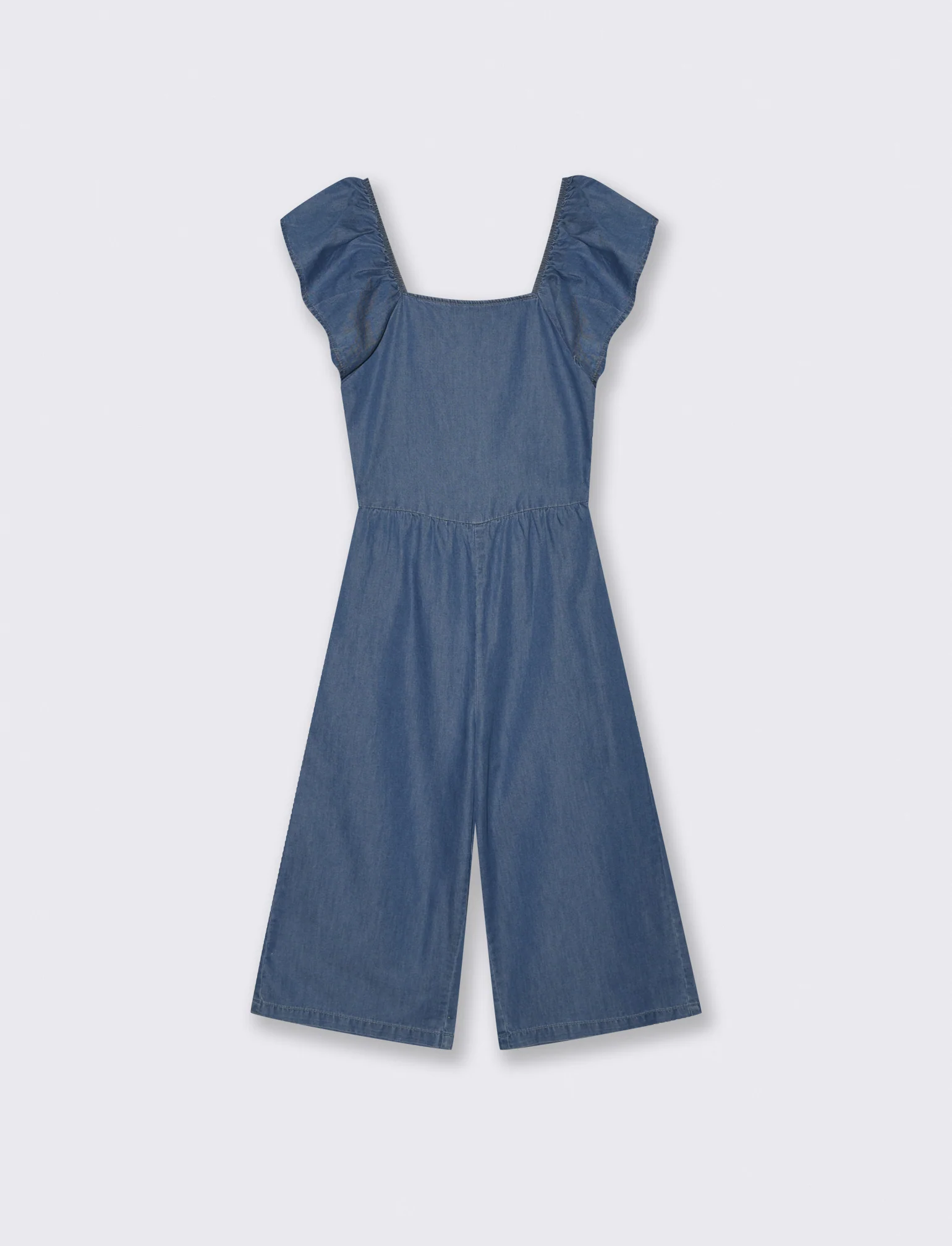 Salopette lunga in chambray con rouches - DENIM SCURO - Image 2