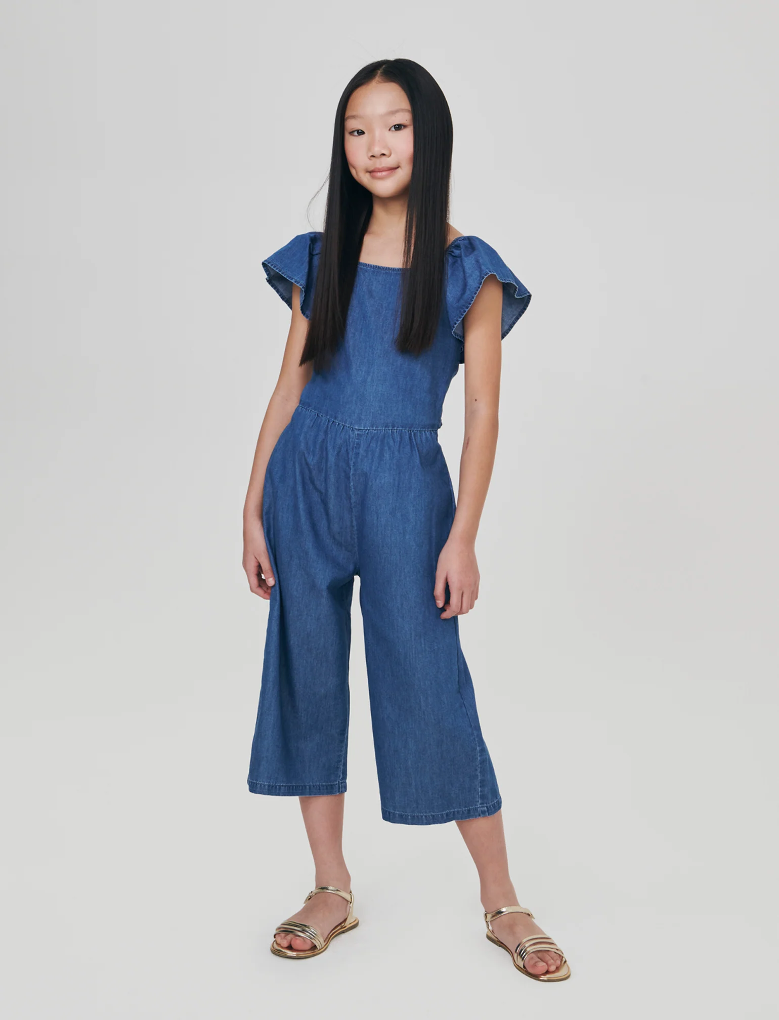 Salopette lunga in chambray con rouches - DENIM SCURO - Image 3