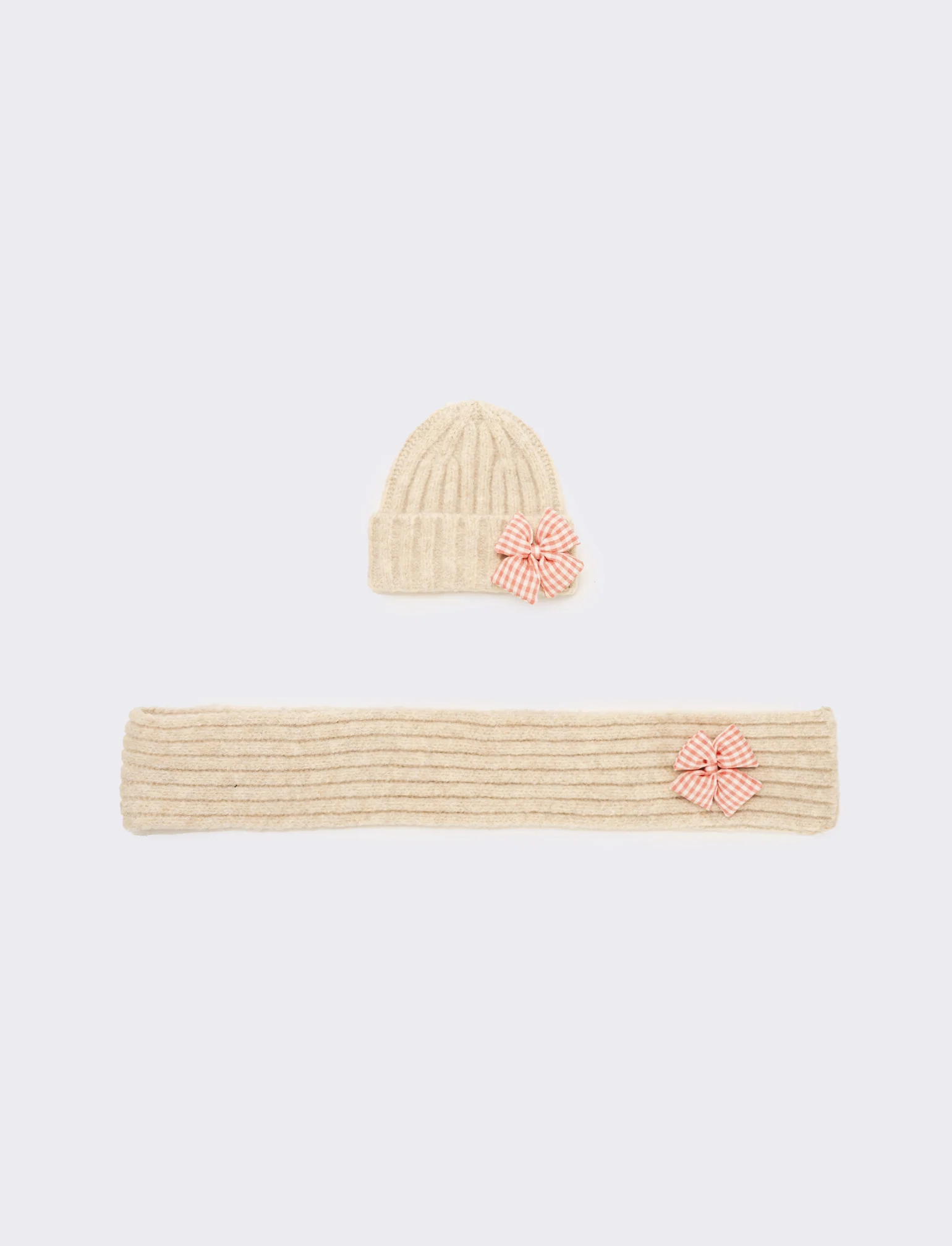Set cappello e sciarpa con fiocco vichy - Bianco panna