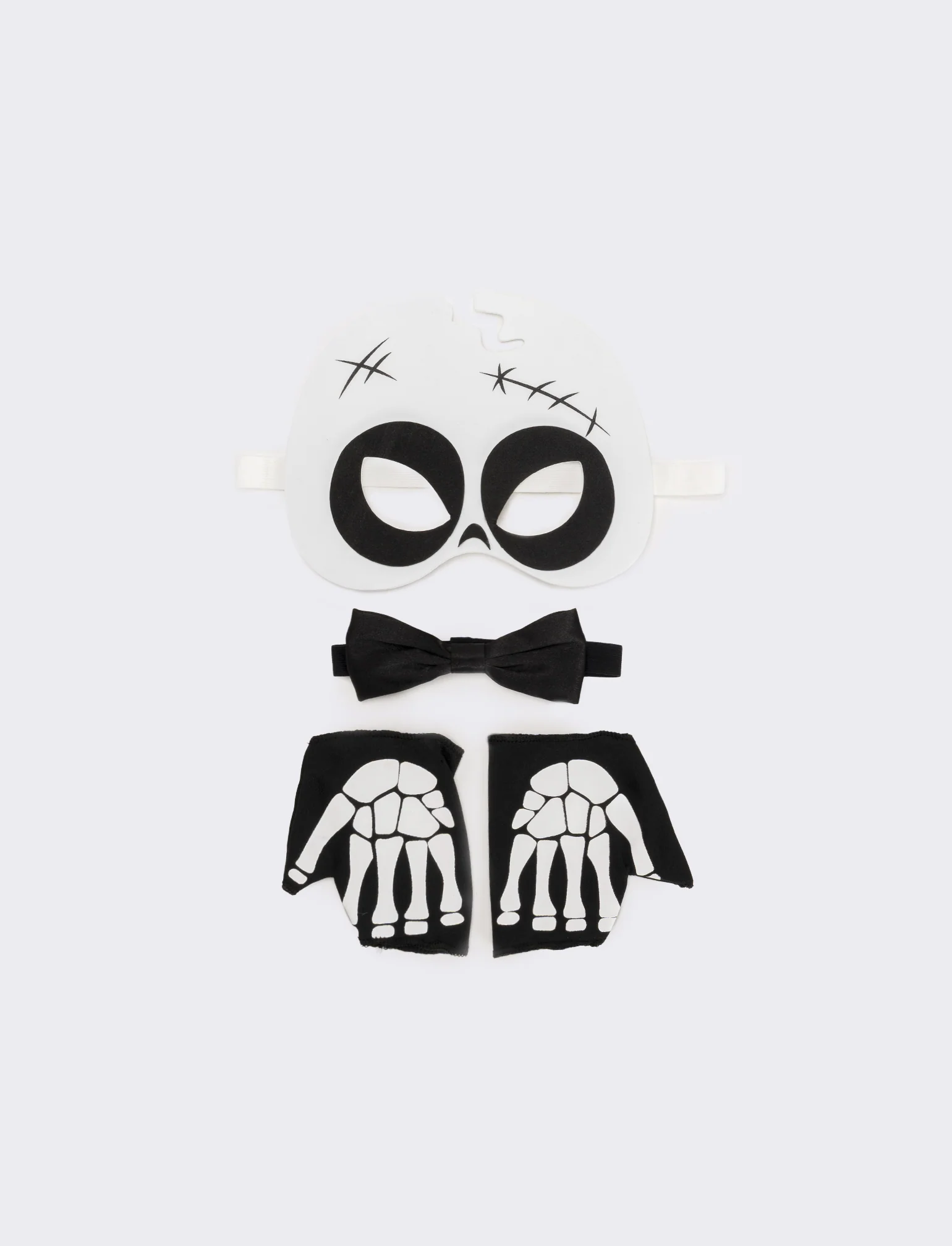 Set halloween bambino mascherina,guanto e papillon con teschio - Bianco-nero