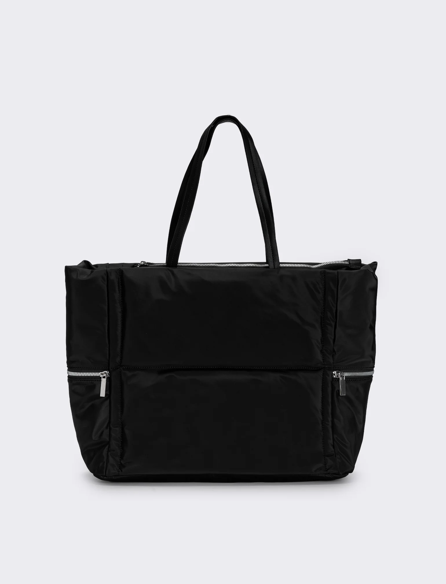 Shopper nylon con tasche laterali zip - Nero