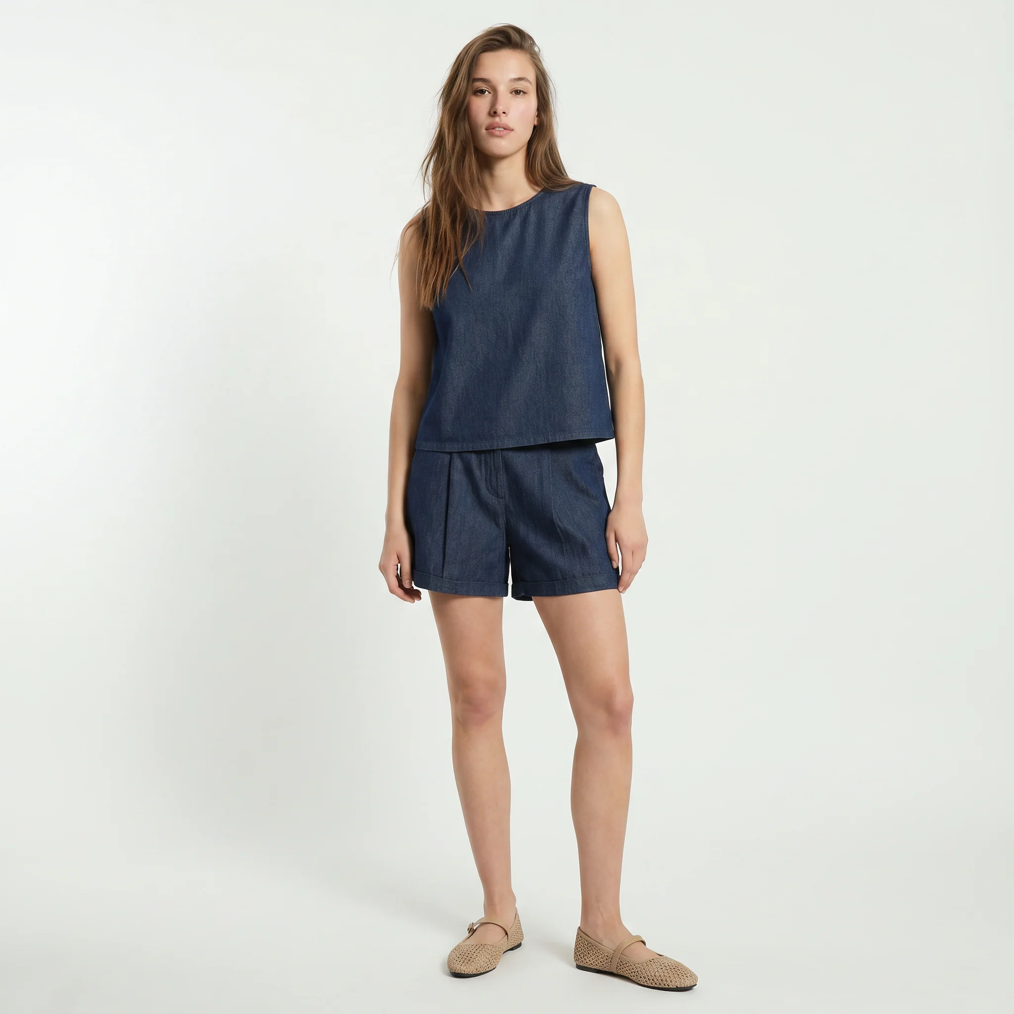 Short Chambray con Pinces e Risvolto - DENIM SCURO - Image 3