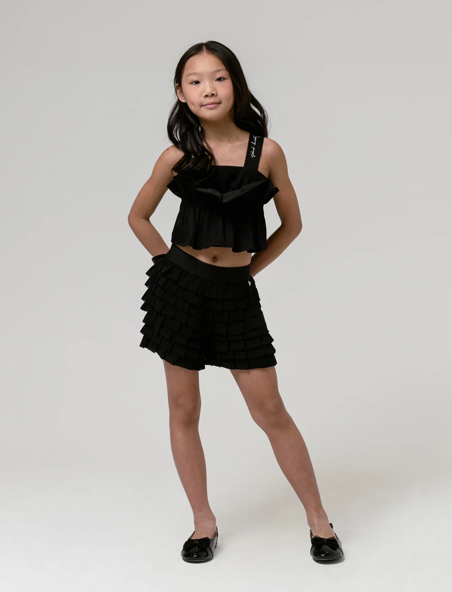 Short con balze in georgette da bambina - Nero - Image 3