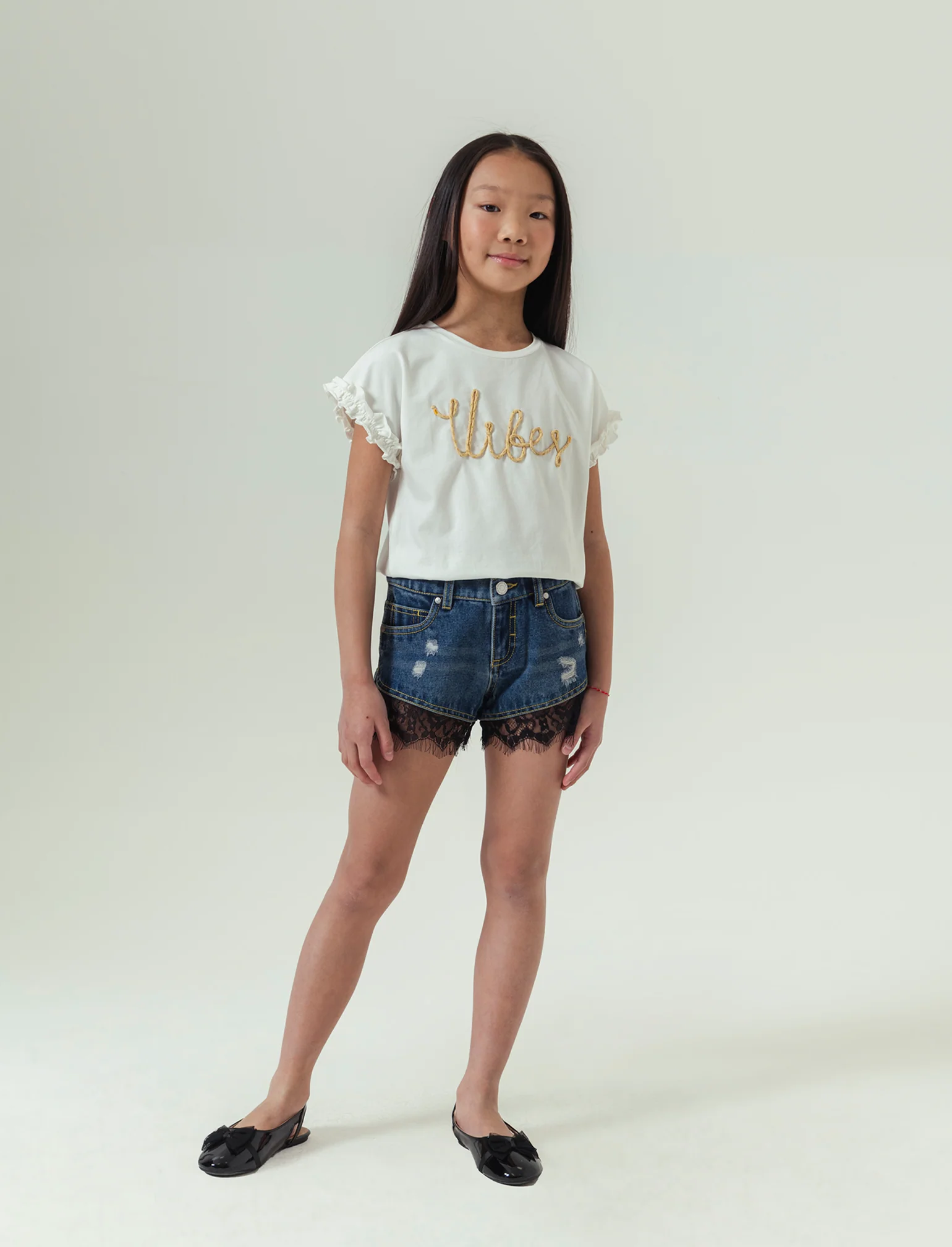 Short con pizzo da bambina - Denim