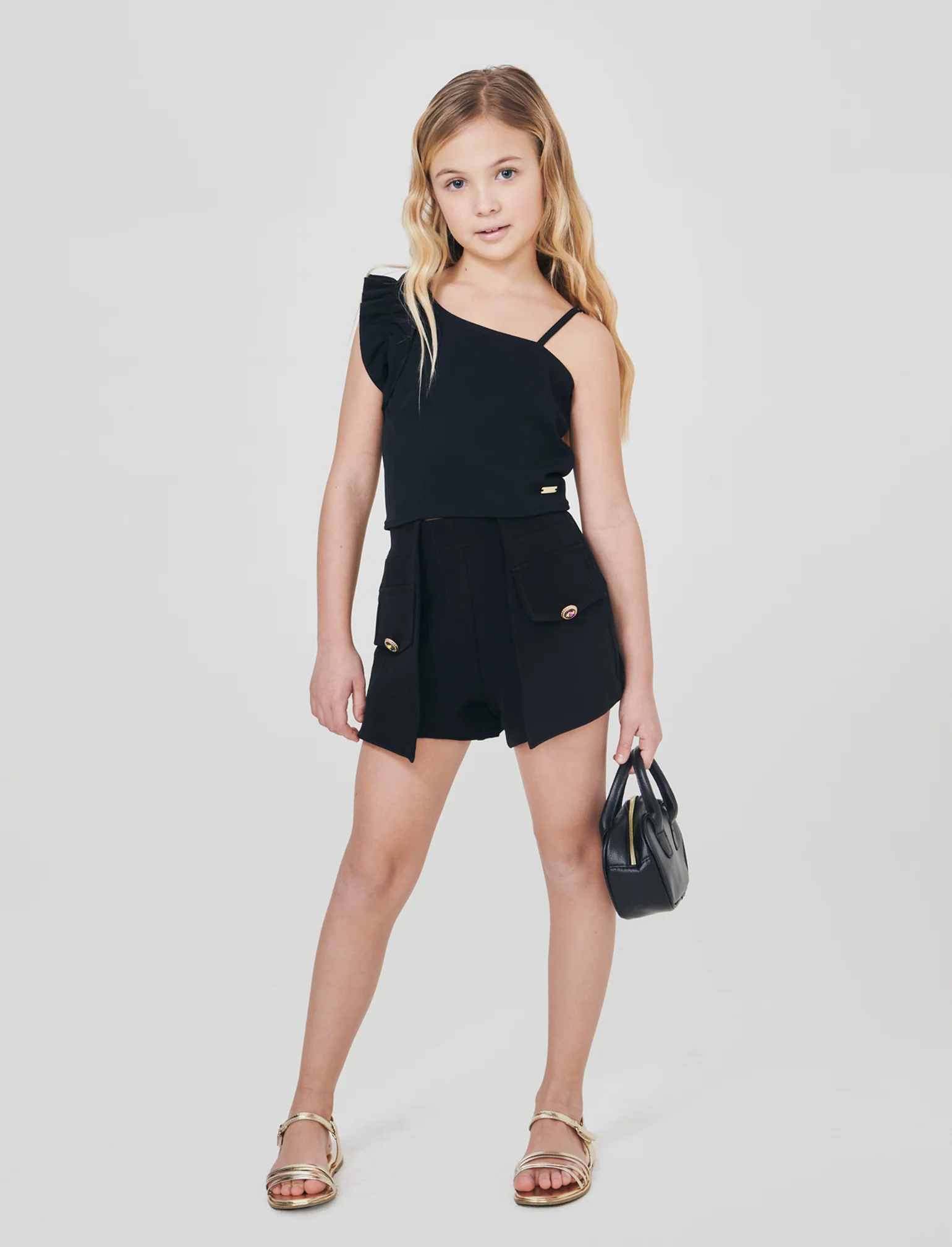Short elegante con bottoni gioiello e pannelli - Nero - Image 3