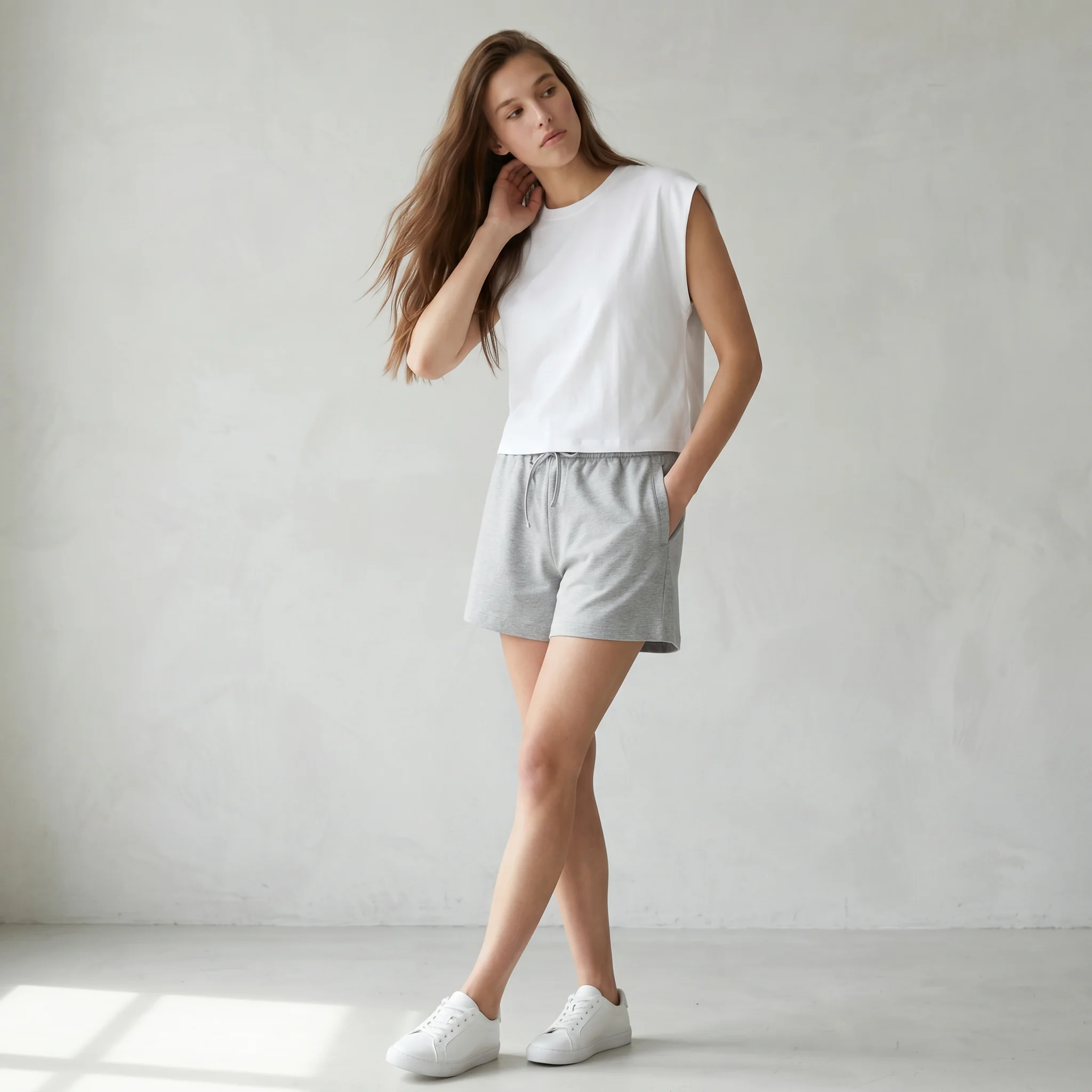 Short in cotone con coulisse e tasche - Grigio chiaro mel. - Image 4