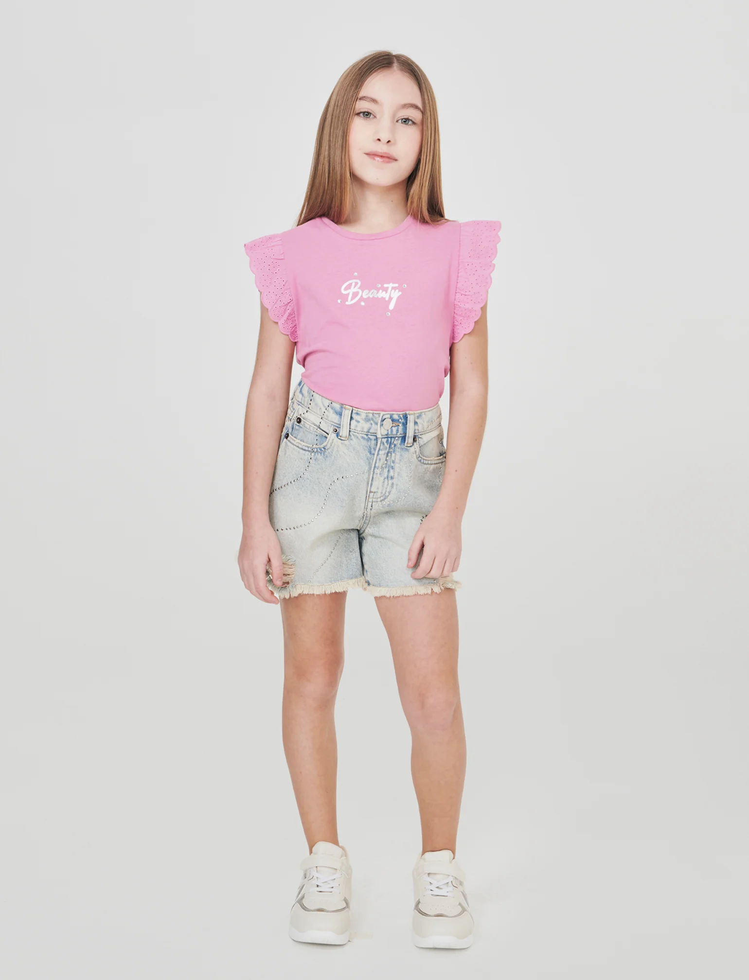 Short in denim con borchie e vita regolabile - Denim