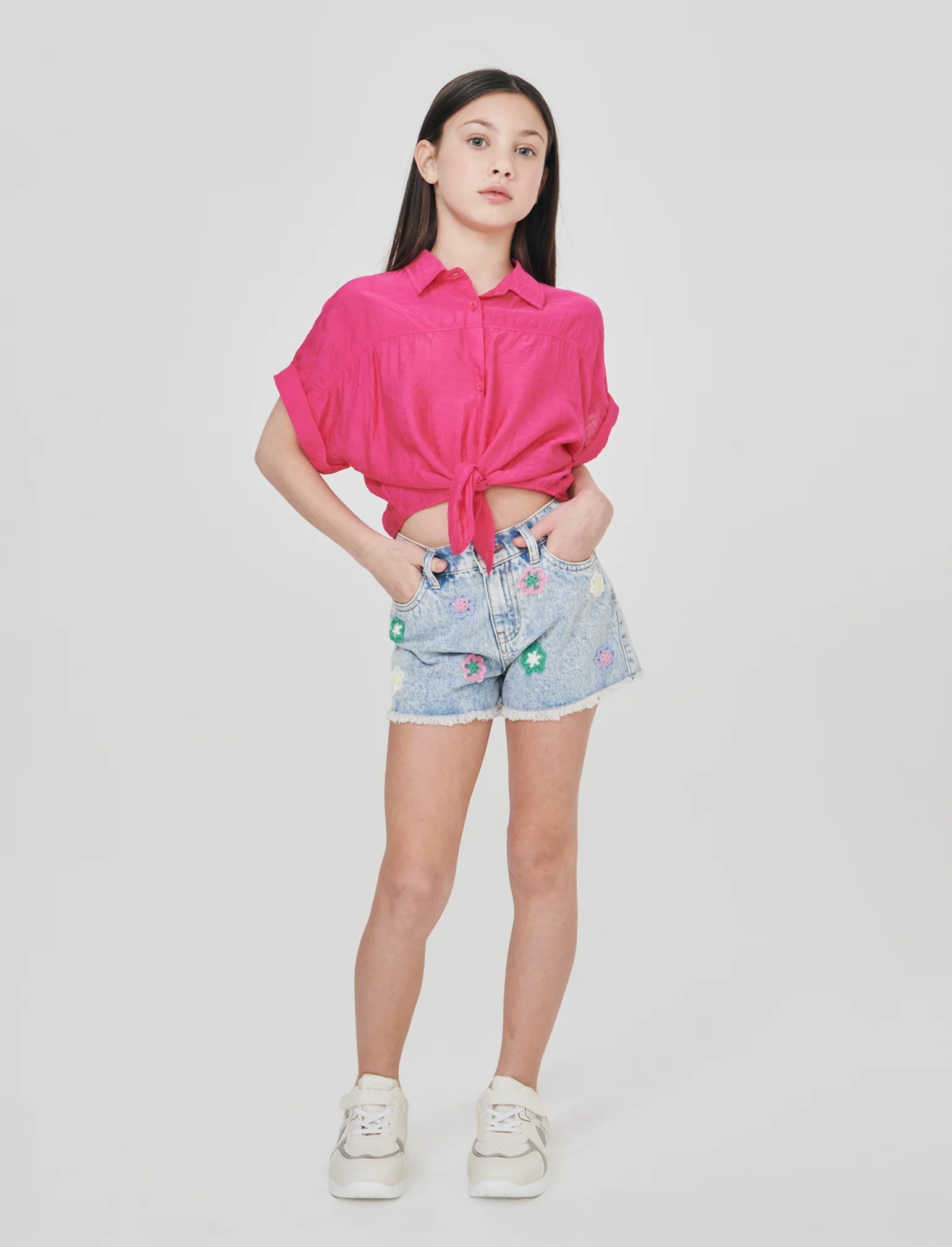 Short in denim con fiori in crochet - Denim - Image 4