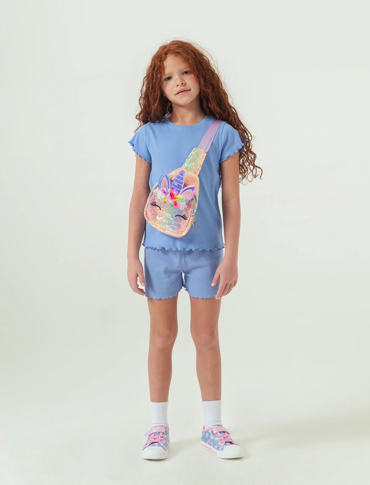 Short in rib con orlo ondulato da bambina - Azzurro