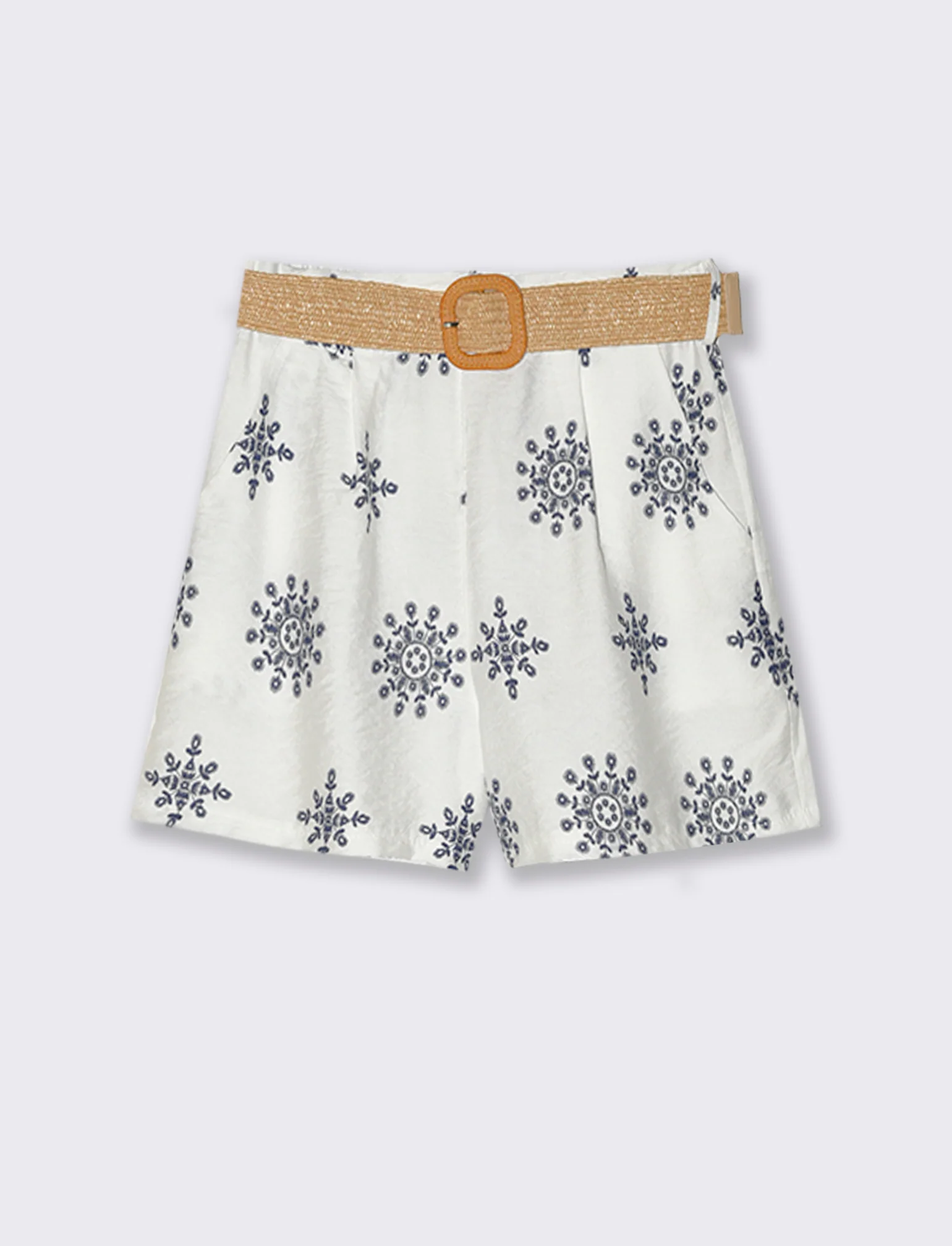 Short stampato con cintura - Bianco - Image 3