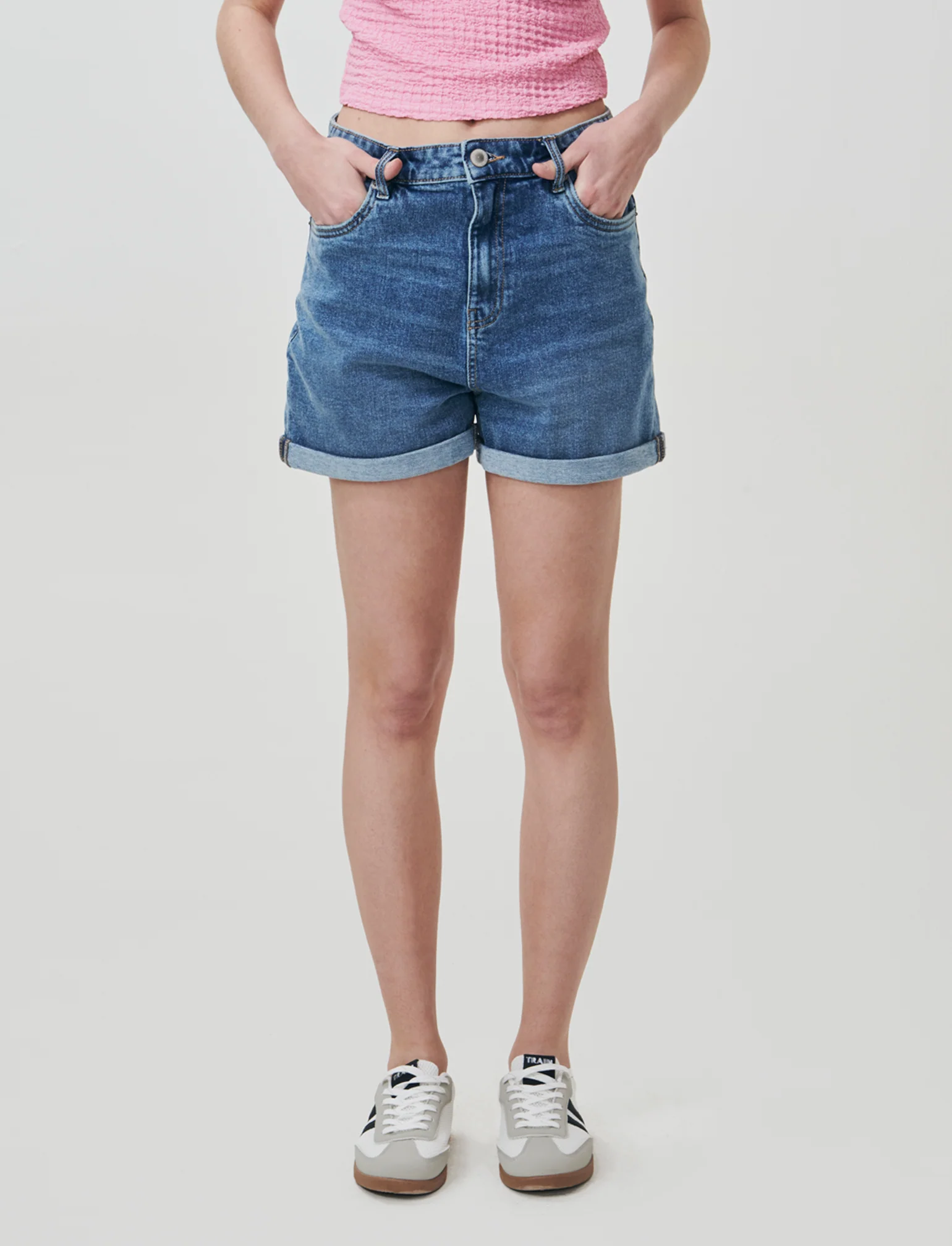 Short vita con bottoni e risvolto - Denim - Image 3