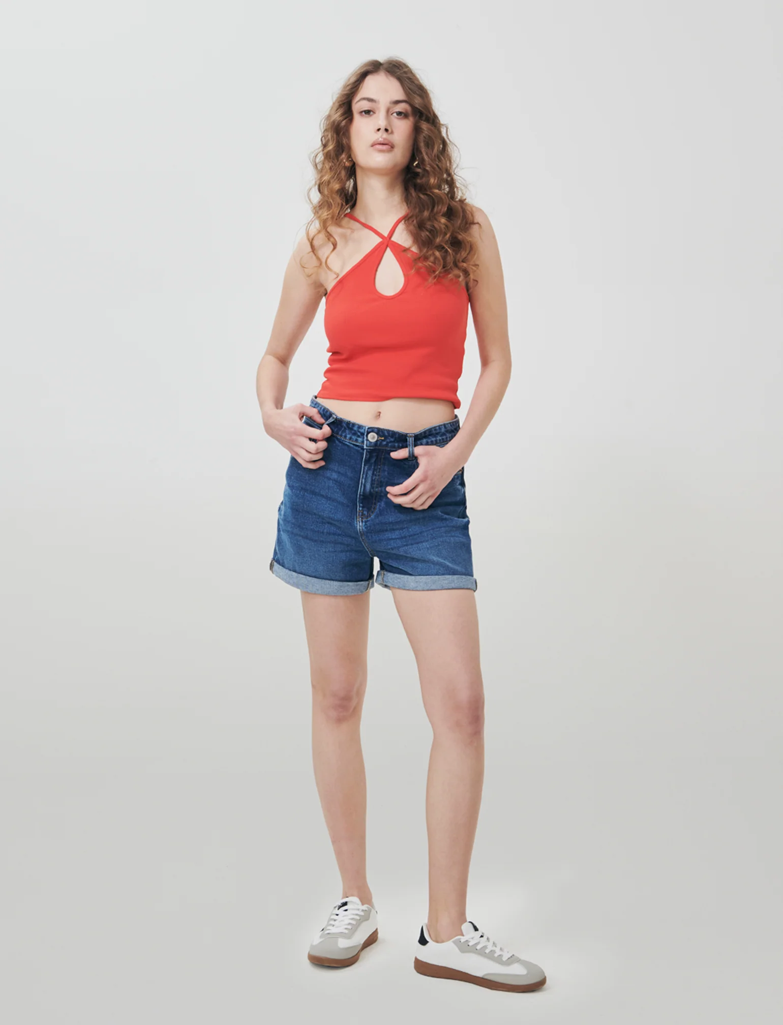 Short vita con bottoni e risvolto - DENIM SCURO - Image 4