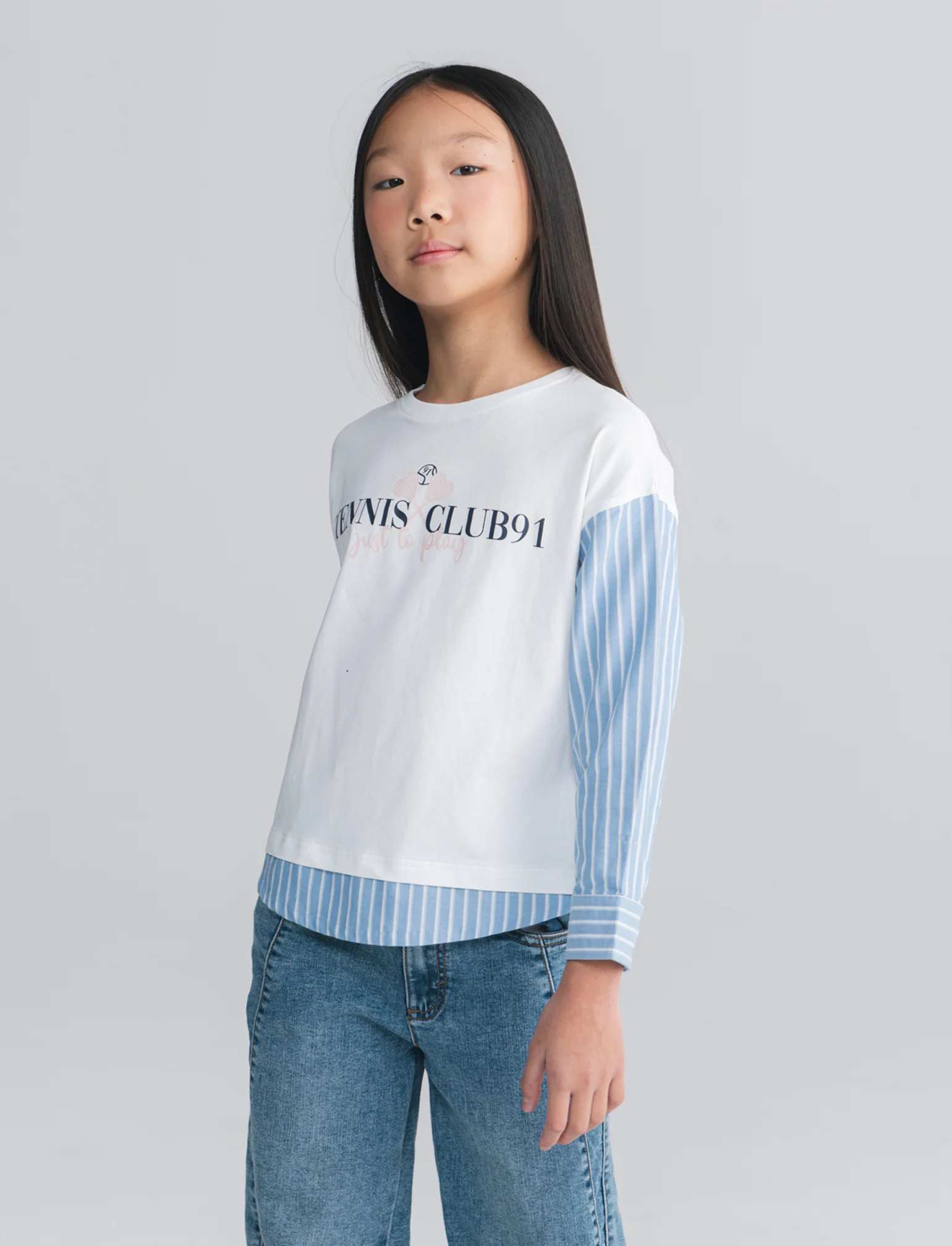 T-shirt bambina con maniche a contrasto - Righe - Image 3