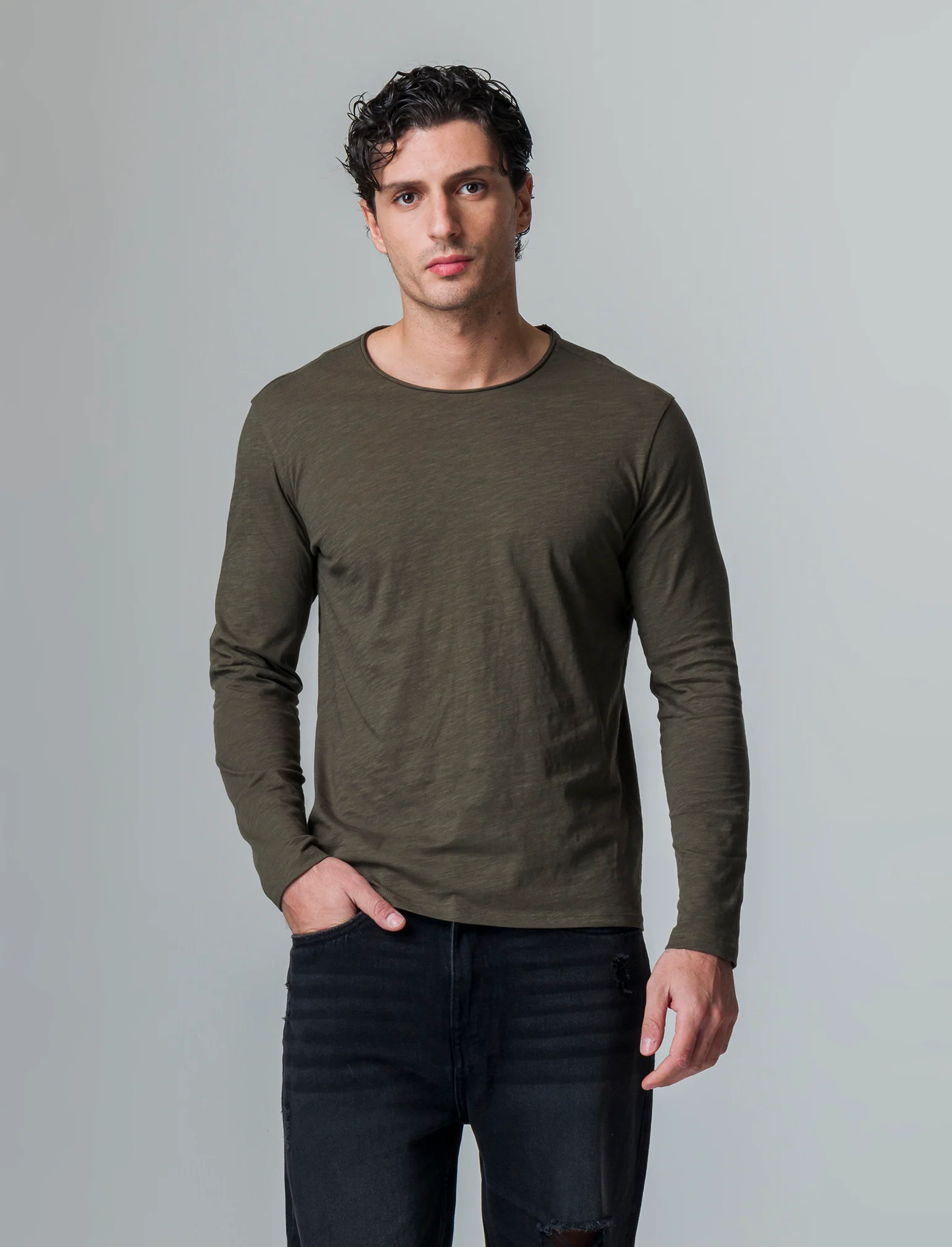 T-shirt basic in cotone slub da uomo - Verde kaki - Image 3