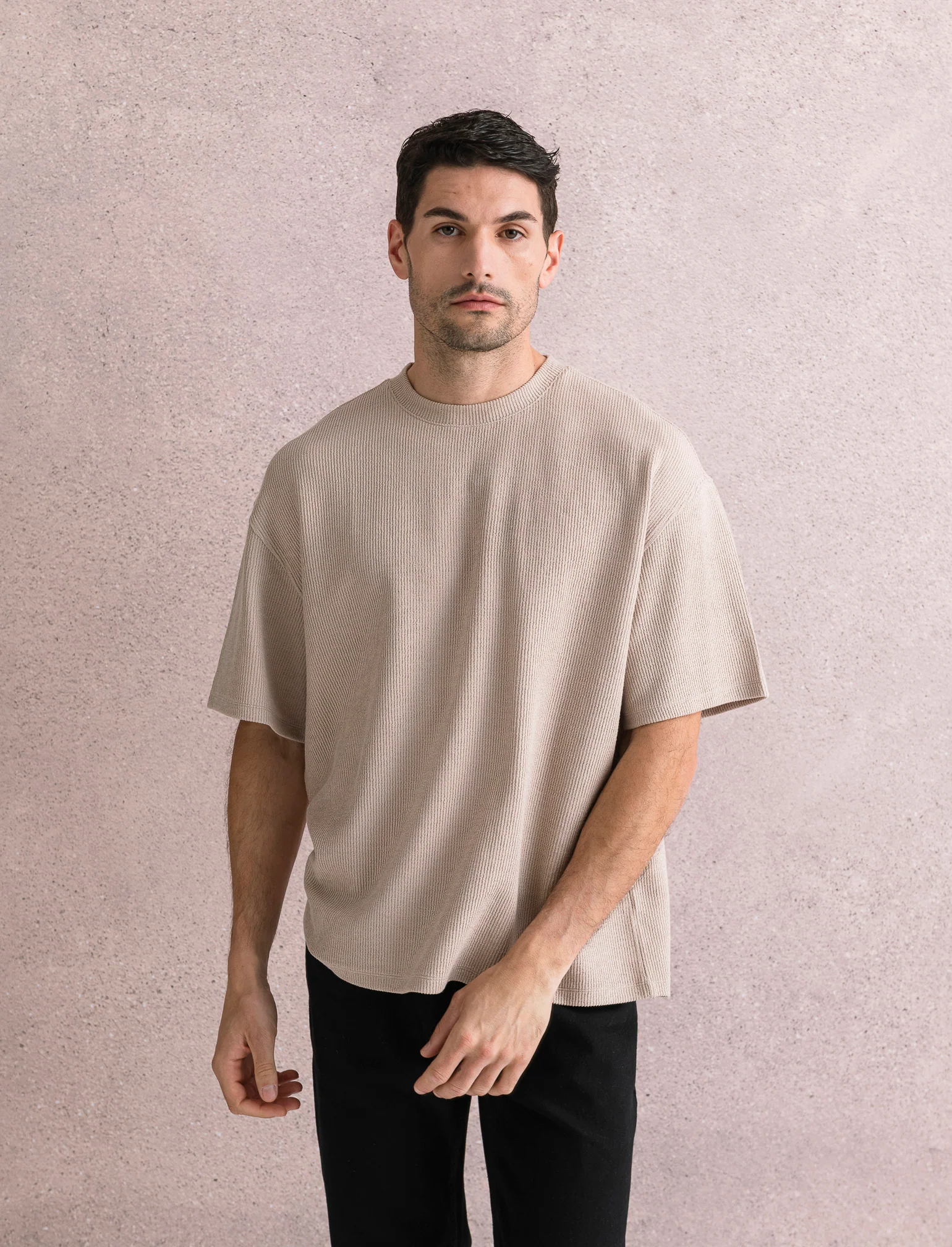 T-SHIRT BOXY FIT EFFETTO MAGLIA - Beige - Image 4