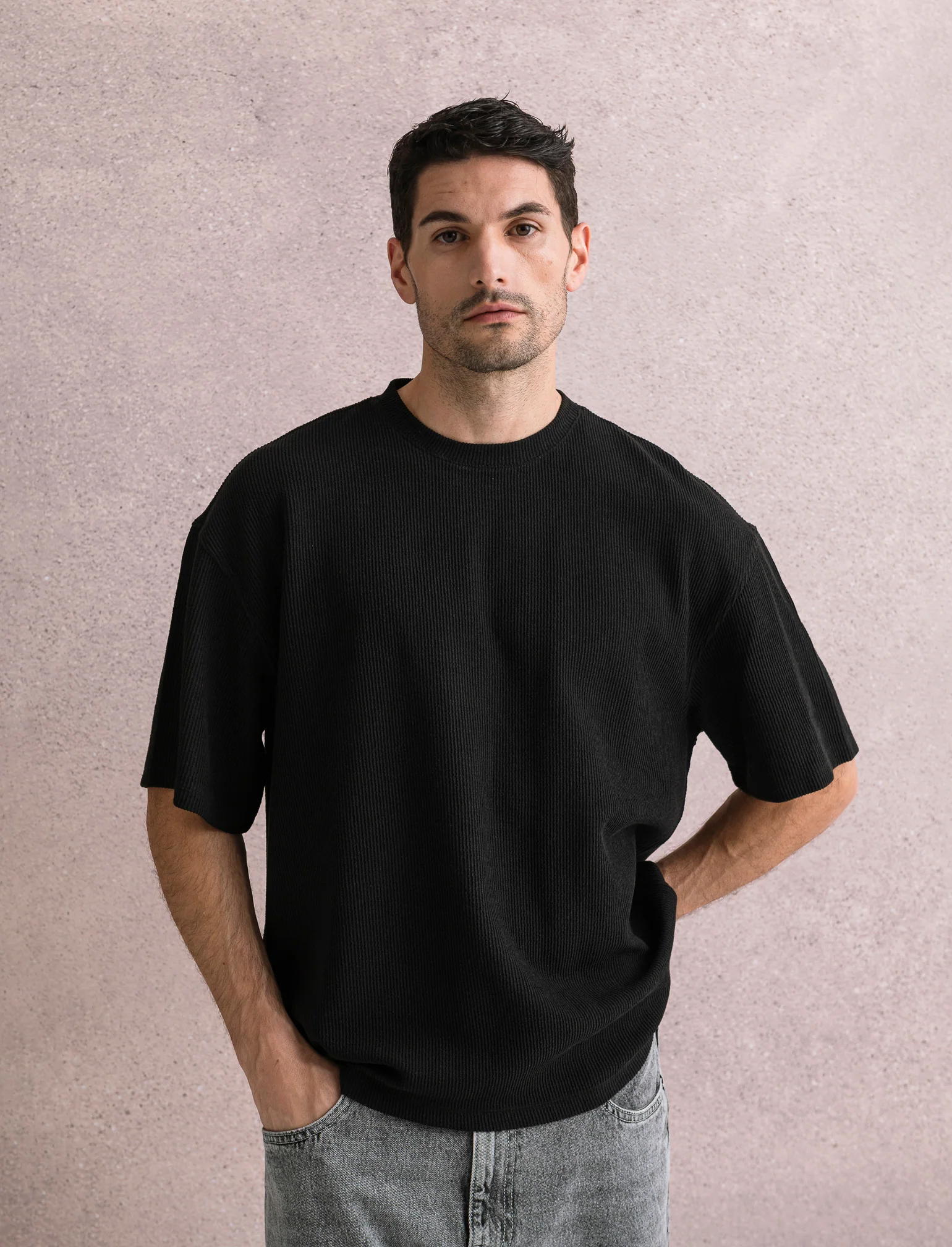 T-SHIRT BOXY FIT EFFETTO MAGLIA - Nero - Image 3