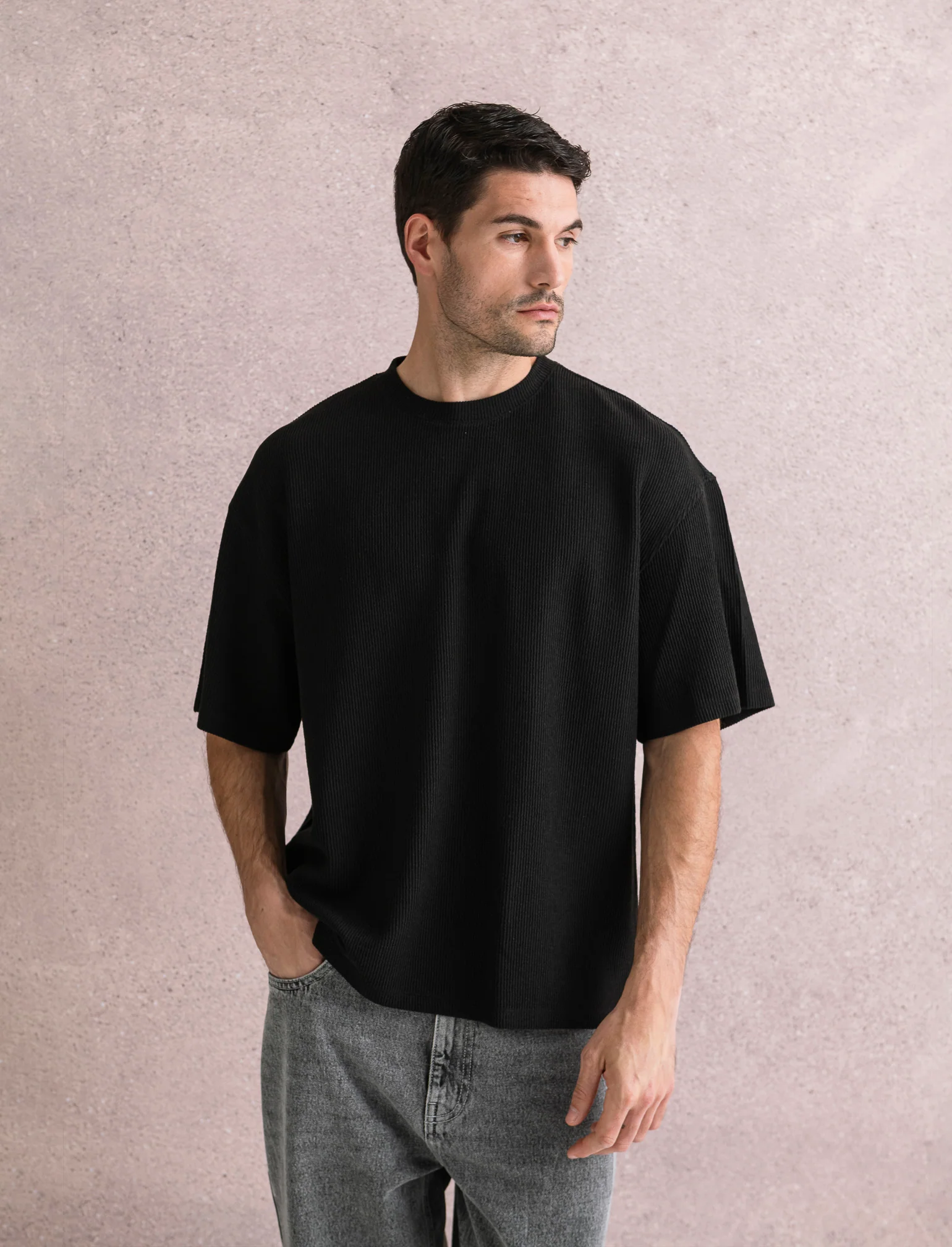 T-SHIRT BOXY FIT EFFETTO MAGLIA - Nero - Image 4