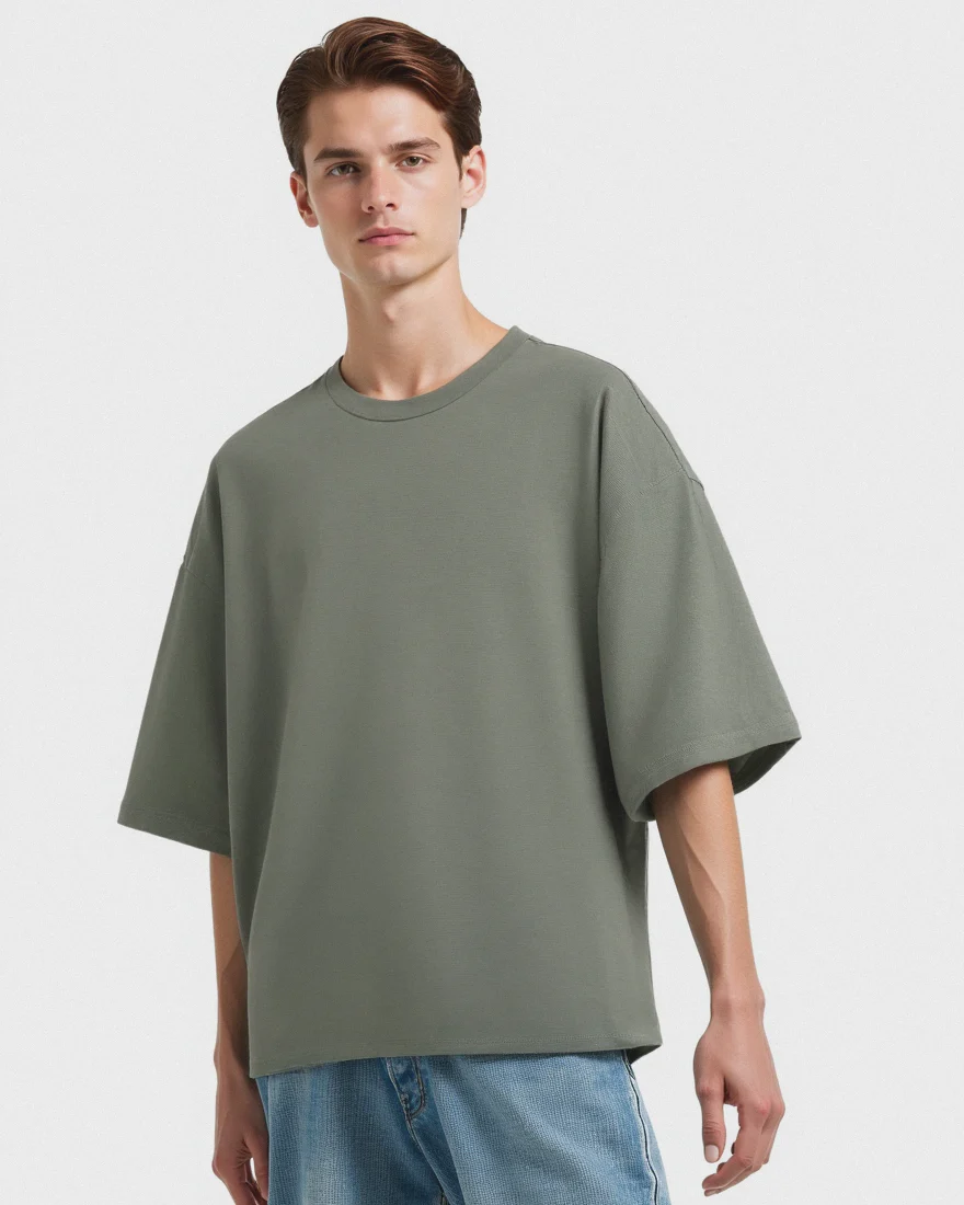 T-shirt boxy fit in cotone girocollo - Verde salvia