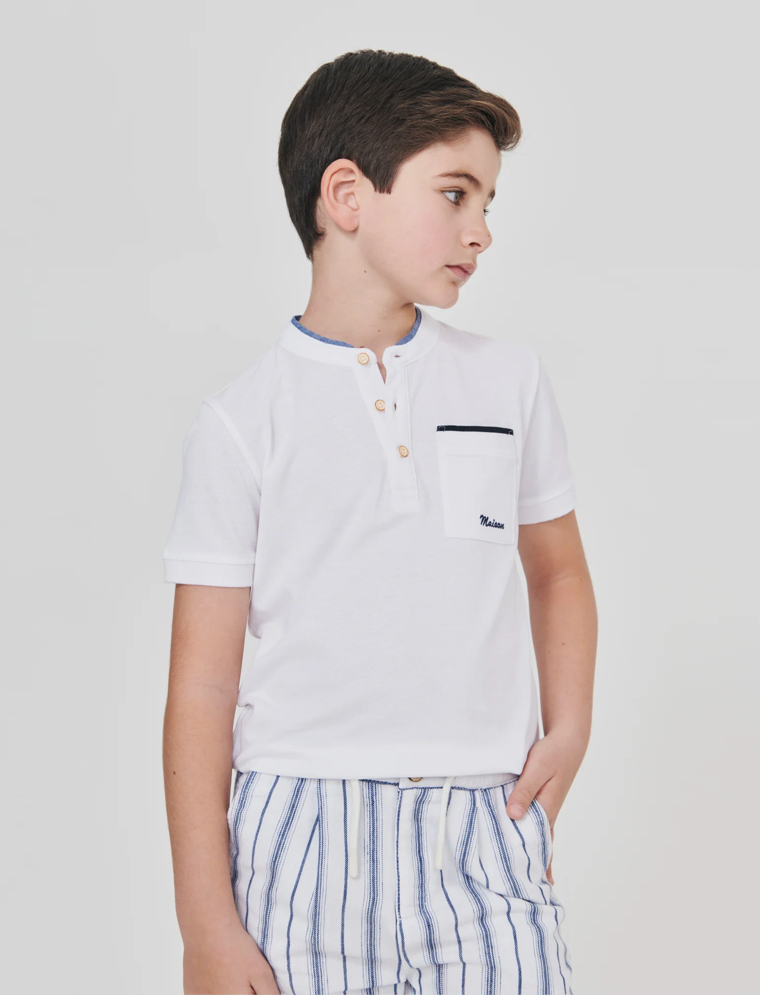 T-shirt collo coreano in Piquet di cotone - Bianco