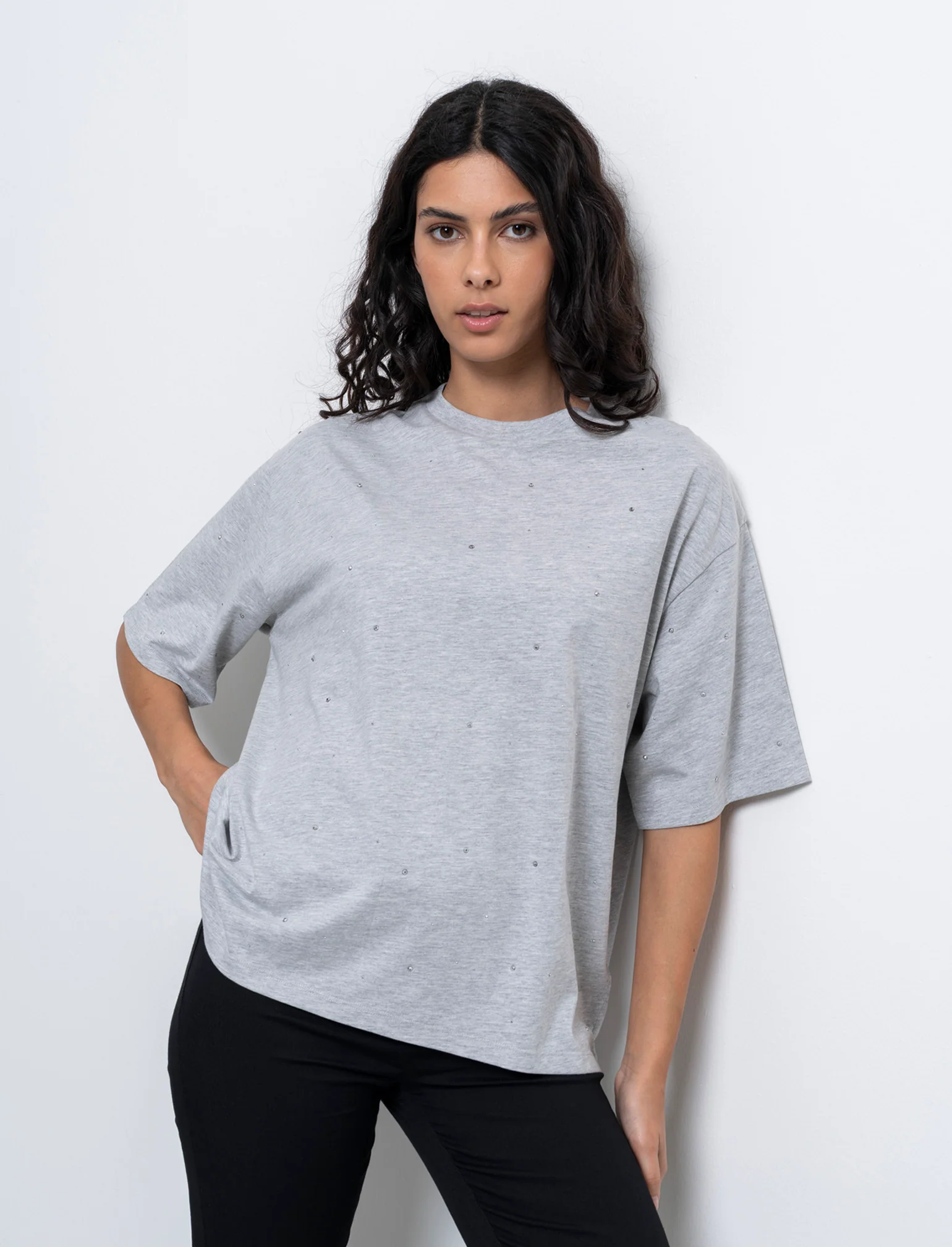 T-shirt con applicazioni da donna - Grigio chiaro