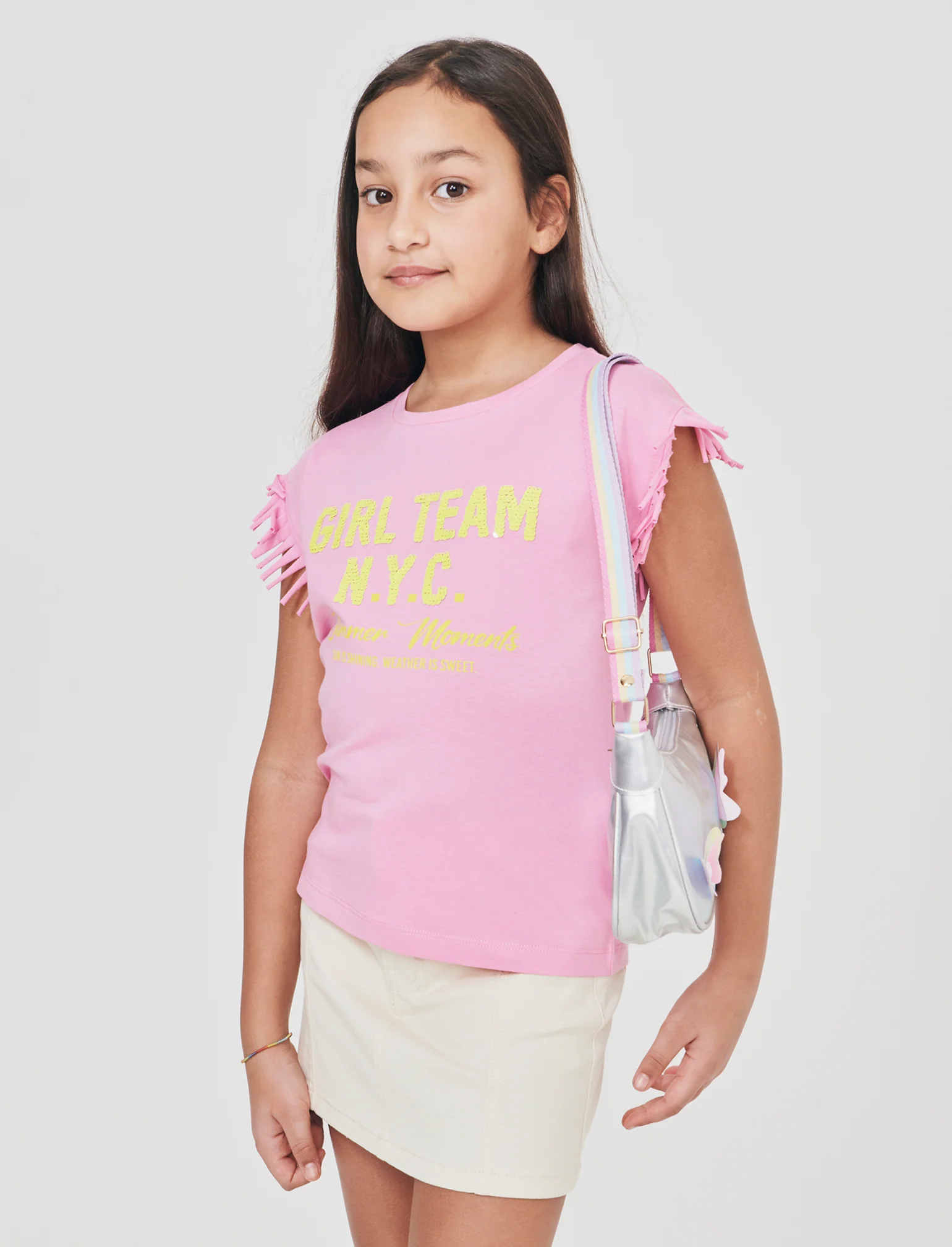 T-shirt con frange e paillettes da bambina - Rosa - Image 3