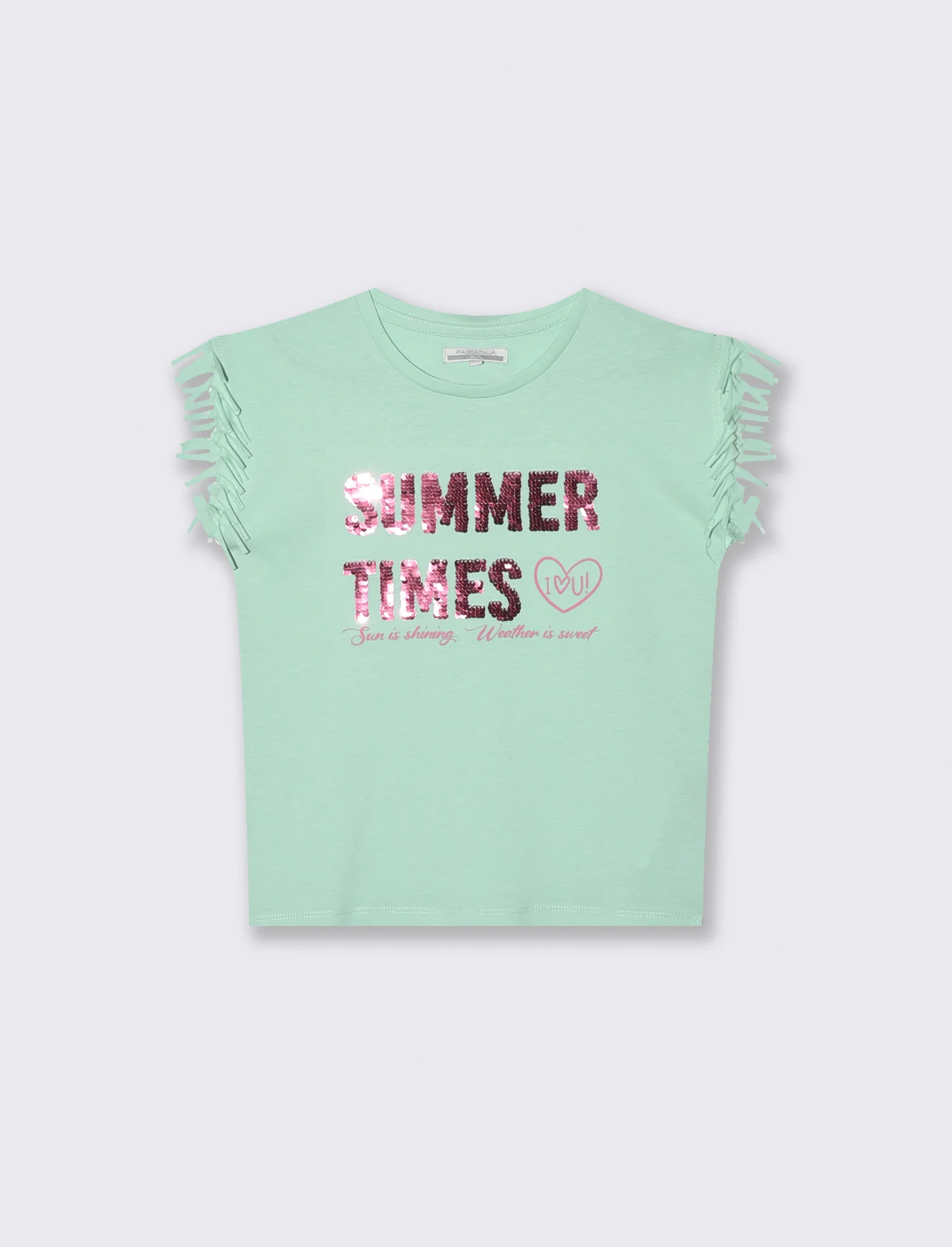 T-shirt con frange e paillettes da bambina - Verde acqua