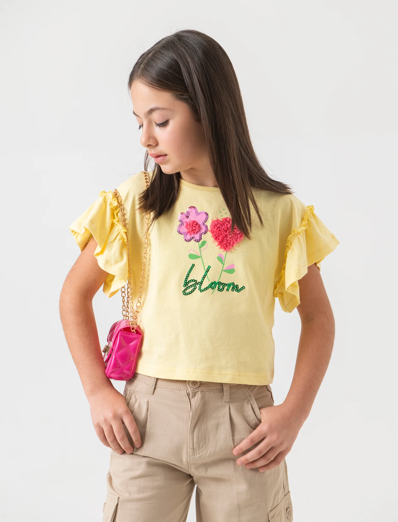 T-shirt con maniche a balze da bambina - Giallo
