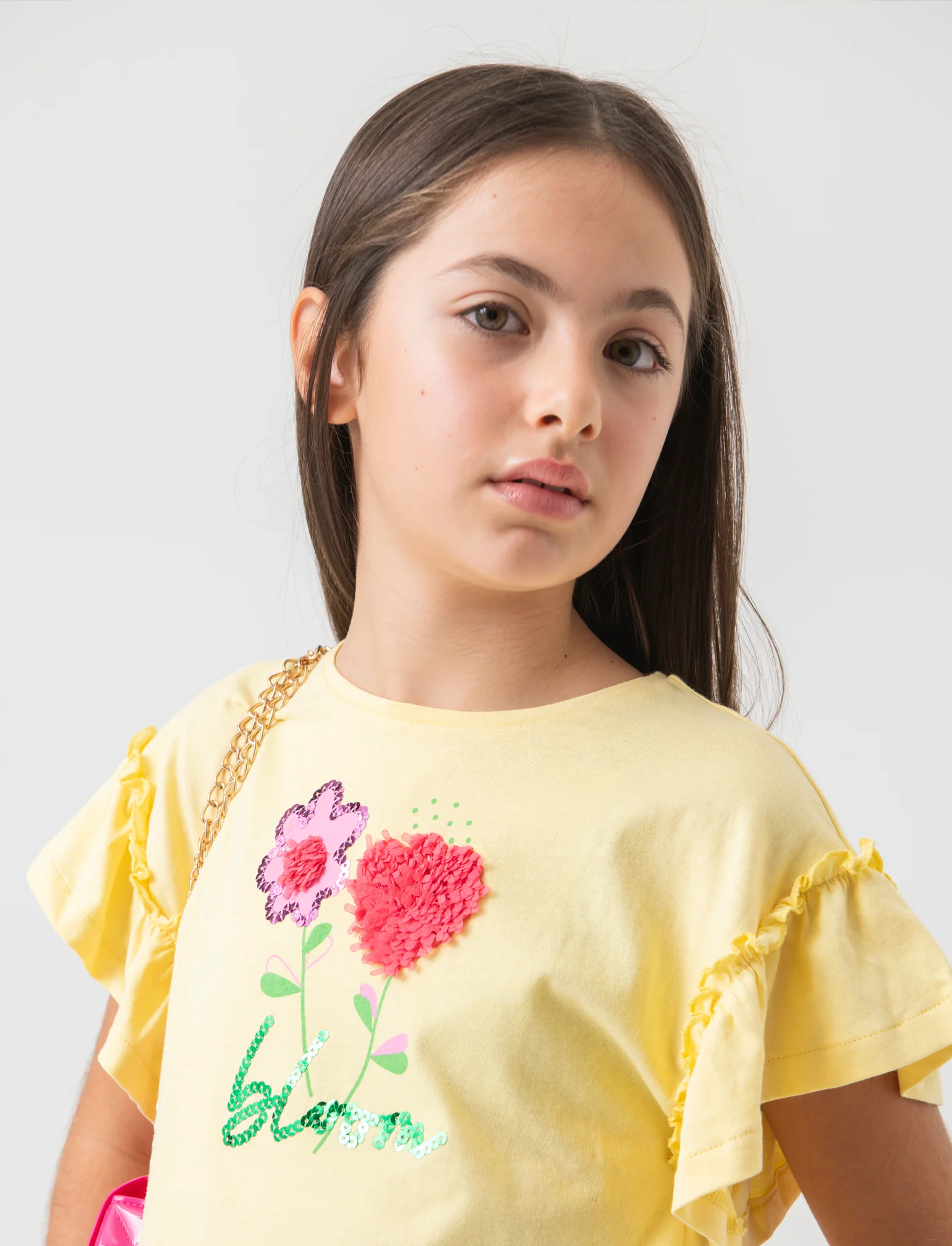 T-shirt con maniche a balze da bambina - Giallo - Image 2