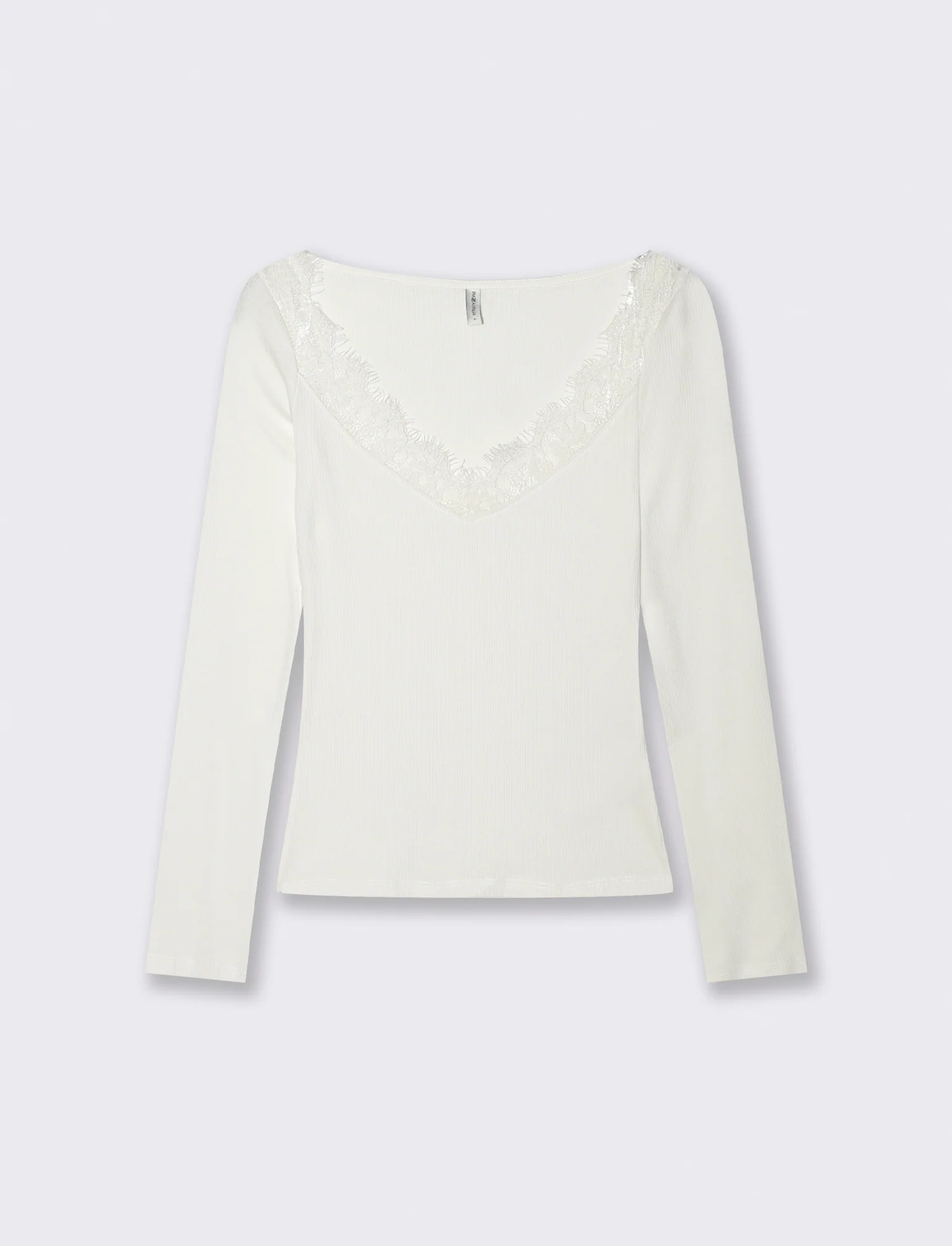 T-shirt con pizzo e scollo a V lungo - Avorio