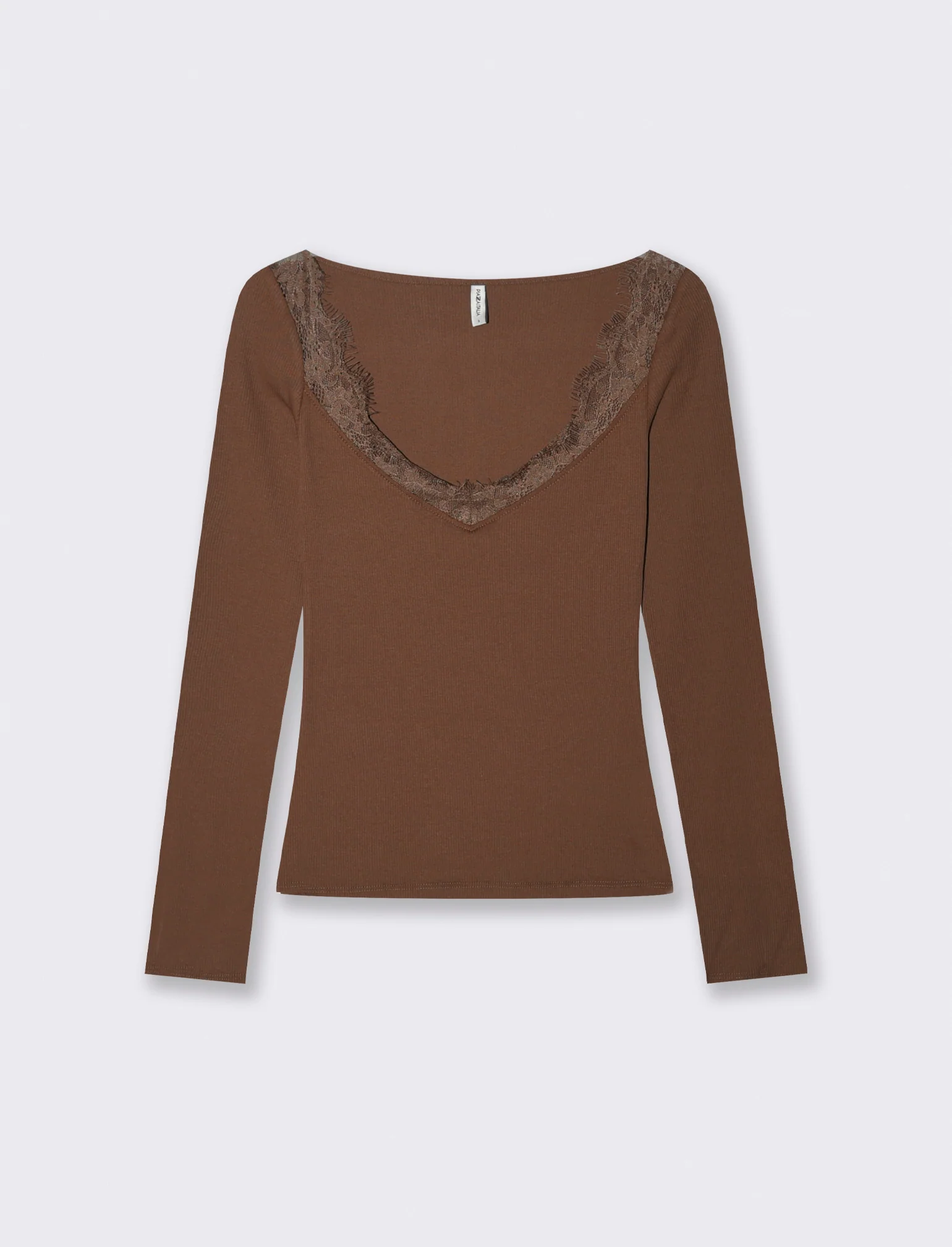 T-shirt con pizzo e scollo a V lungo - Marrone