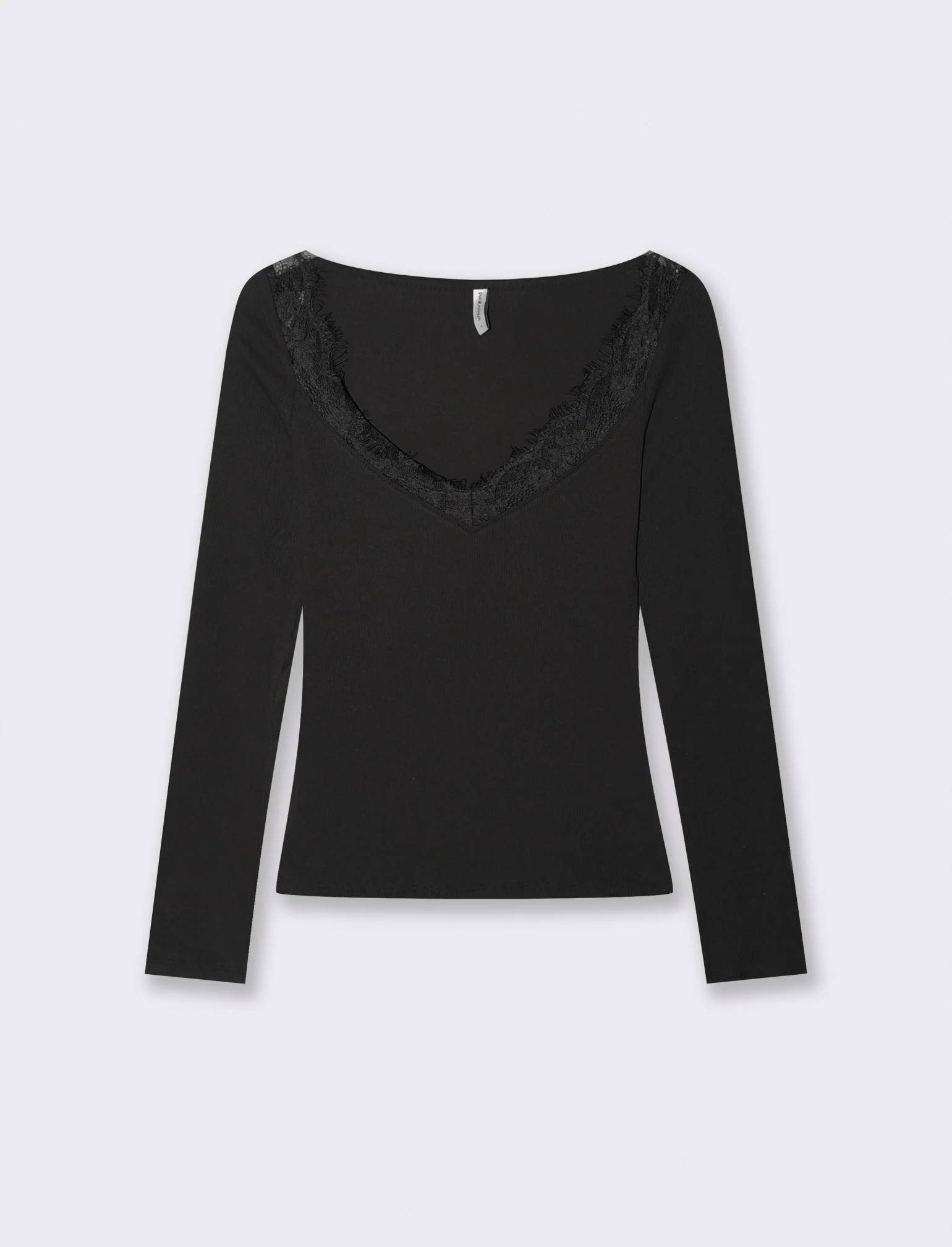 T-shirt con pizzo e scollo a V lungo - Nero