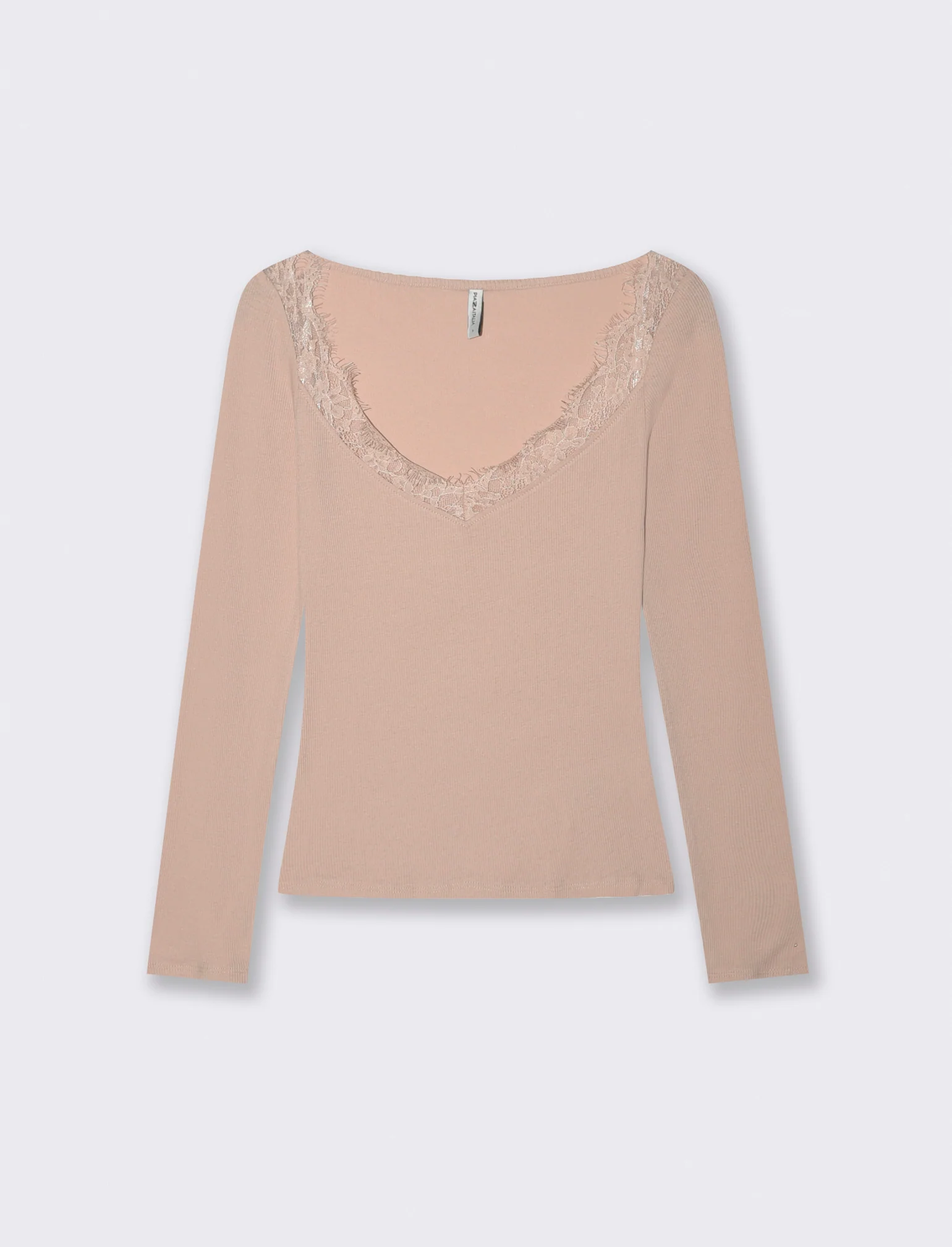 T-shirt con pizzo e scollo a V lungo - Rosa chiaro