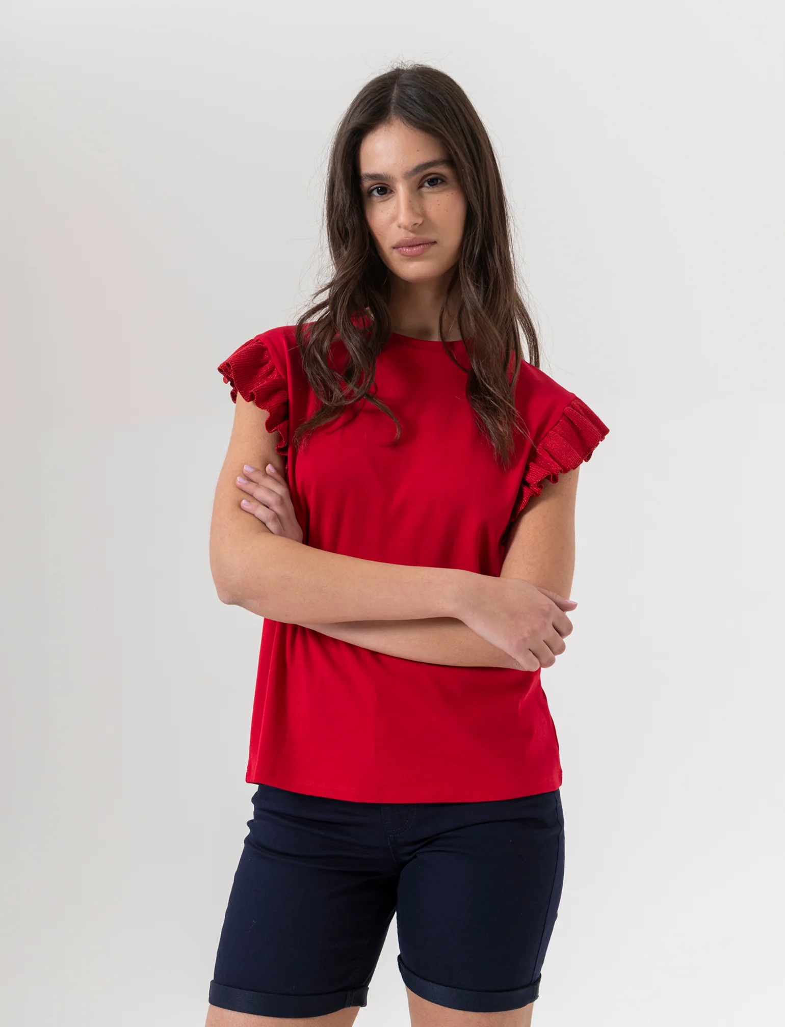 T-shirt con rouches da donna - Rosso scarlatto - Image 3