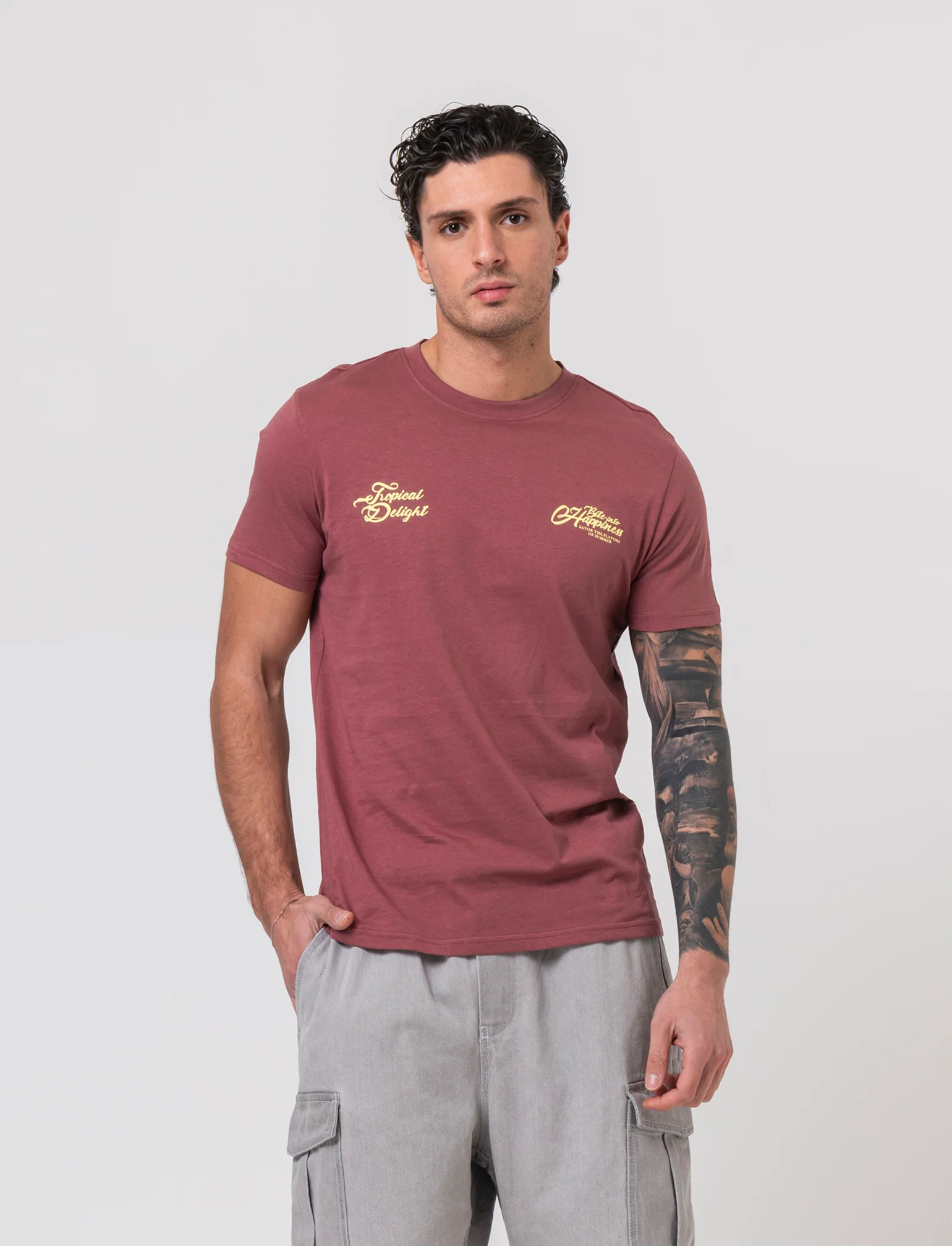 T-shirt con stampa avanti ed indietro da uomo - Bordeaux