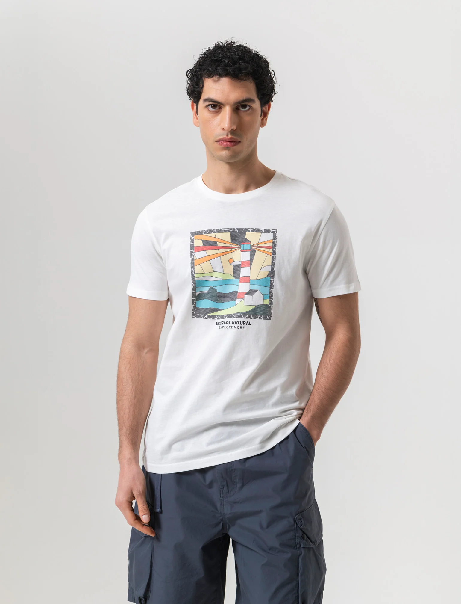 T-shirt con stampa effetto ricamo da uomo - Bianco - Image 3