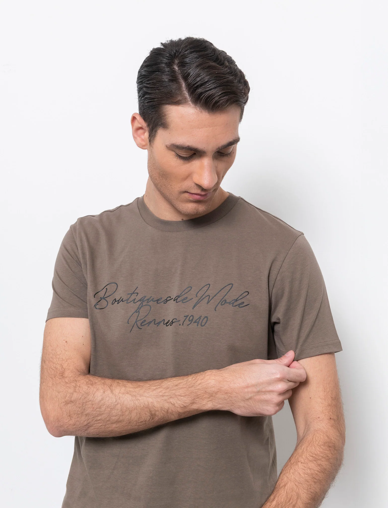 T-shirt con stampa effetto ricamo da uomo - Grigio fango