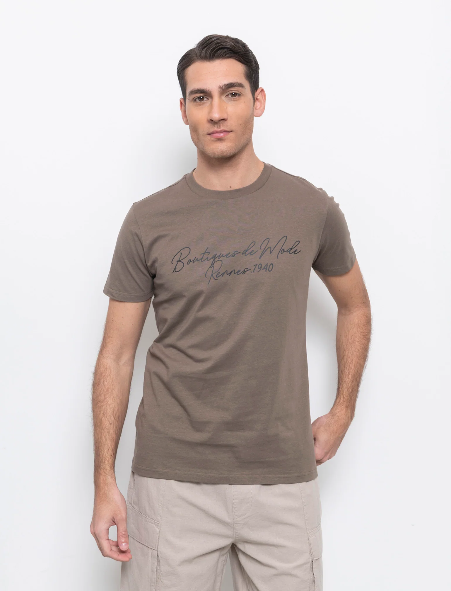 T-shirt con stampa effetto ricamo da uomo - Grigio fango - Image 3