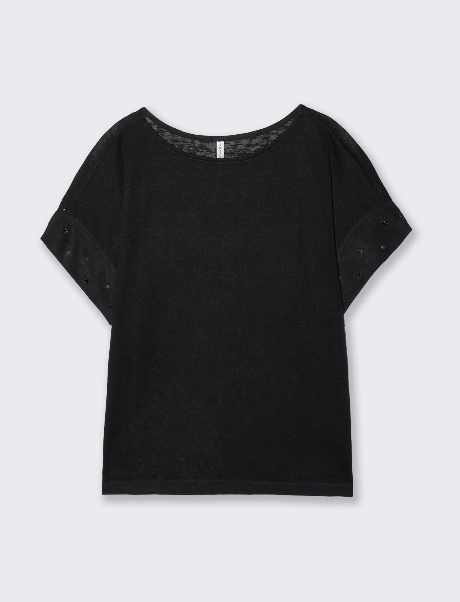 T-Shirt con Strass e Scollo a Barca - Nero