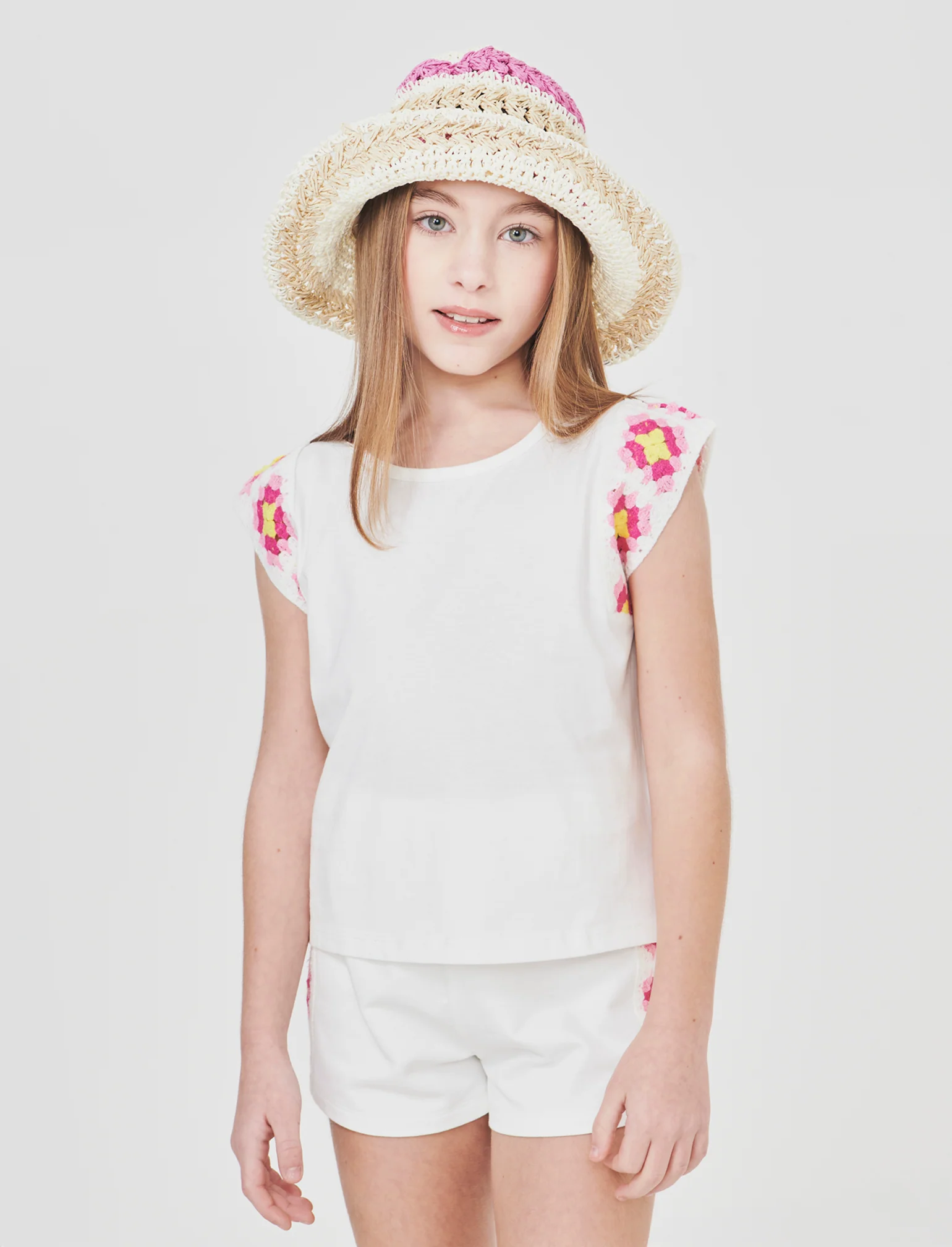 T-Shirt Cotone con Maniche Crochet - Bianco latte