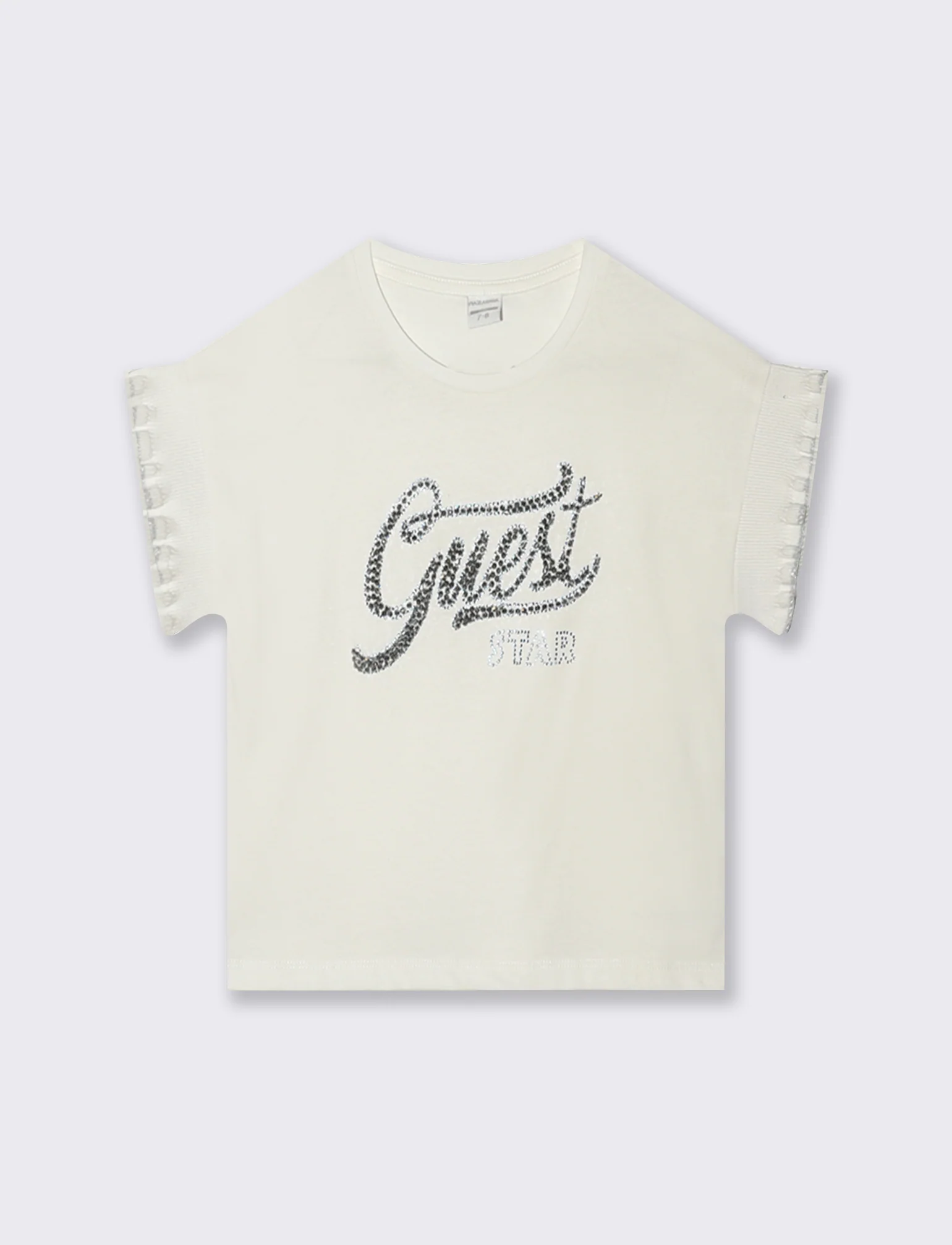 T-shirt cotone con maniche in costina e strass - Bianco latte