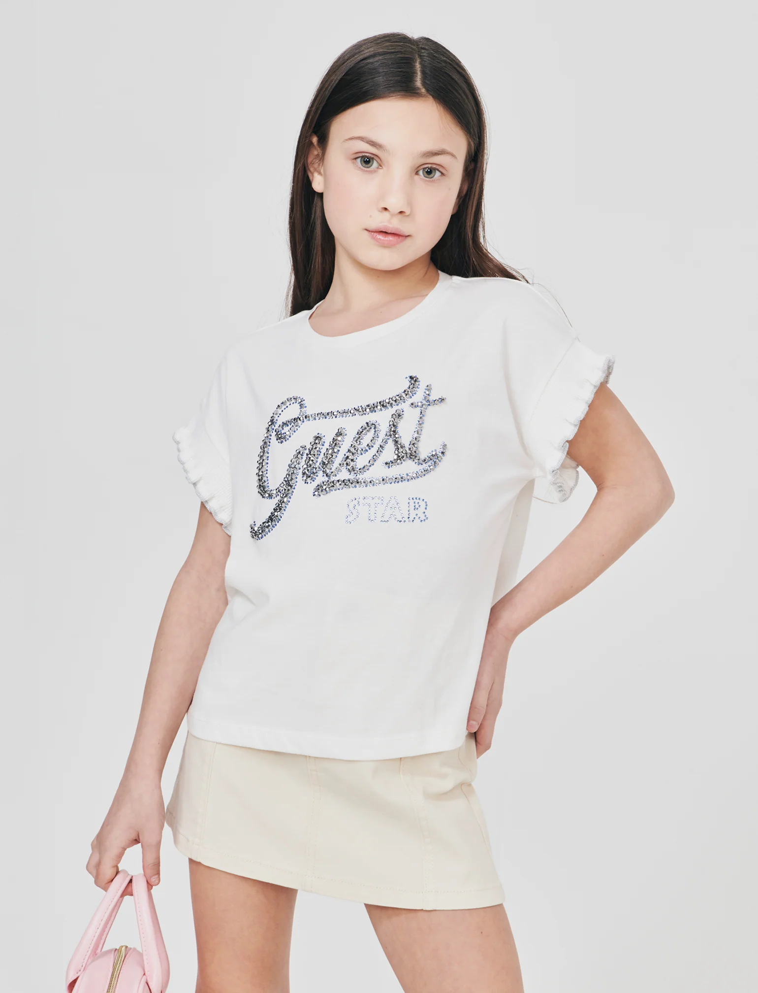 T-shirt cotone con maniche in costina e strass - Bianco latte - Image 3