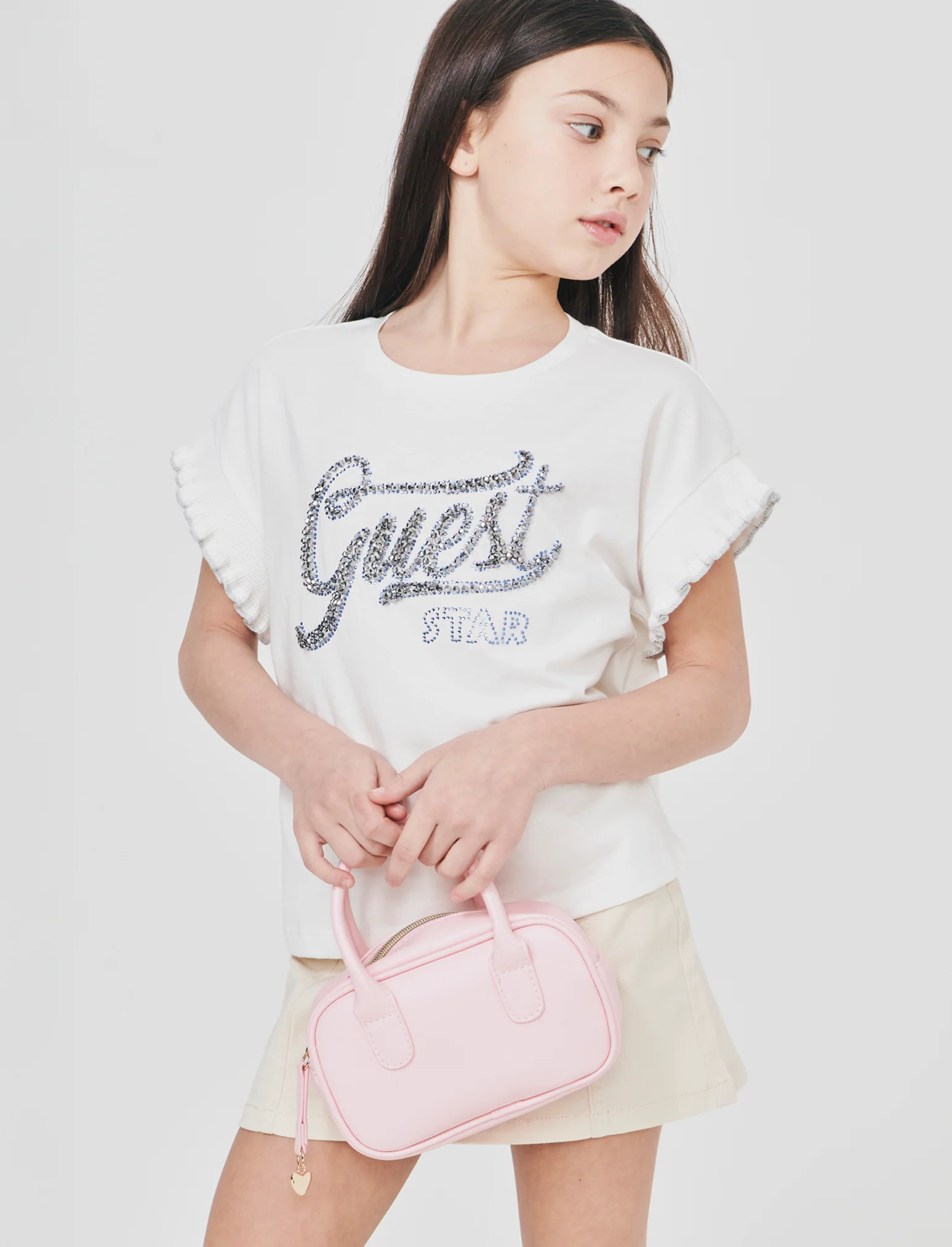 T-shirt cotone con maniche in costina e strass - Bianco latte - Image 4