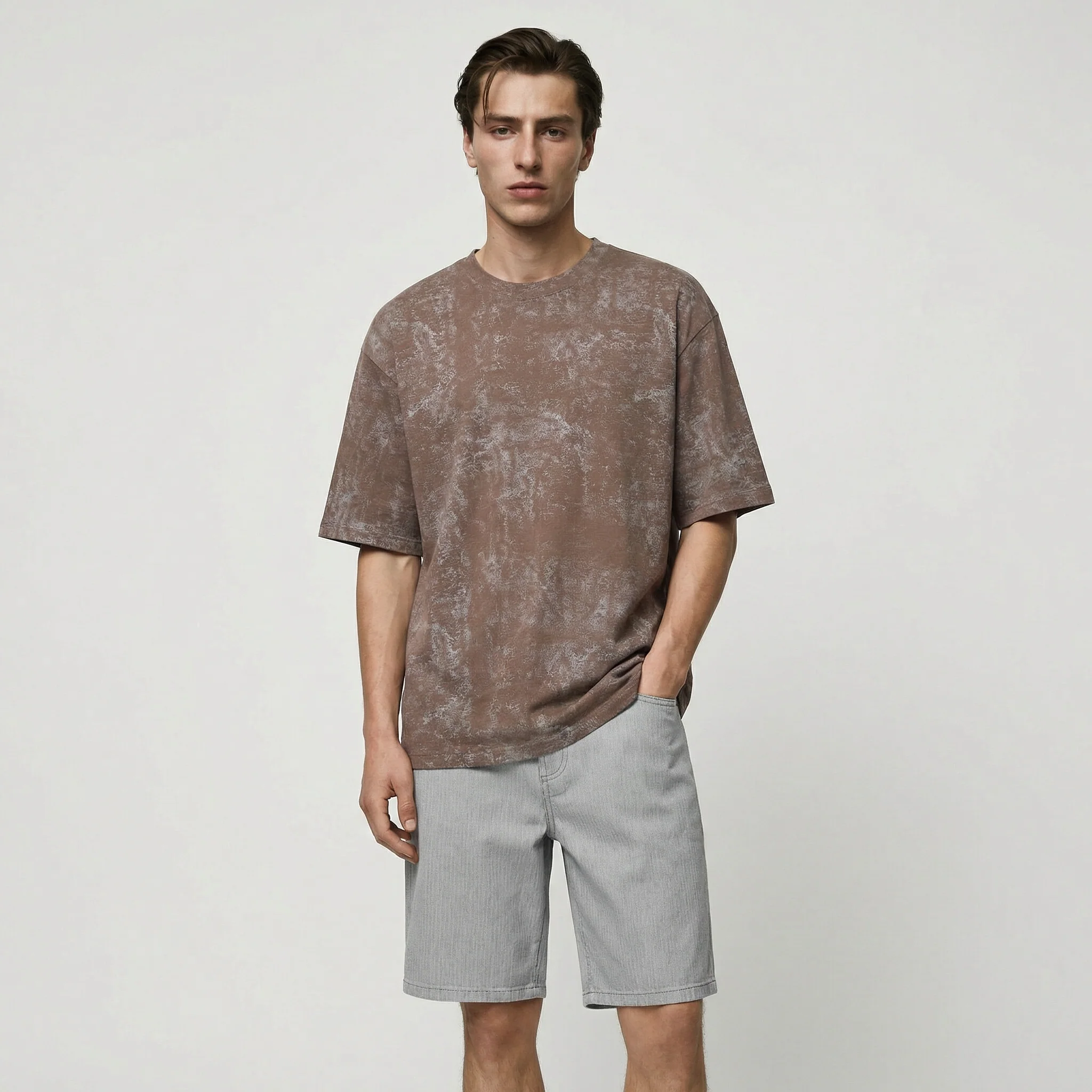 T-shirt cotone con stampa astratta all over - Grigio fango