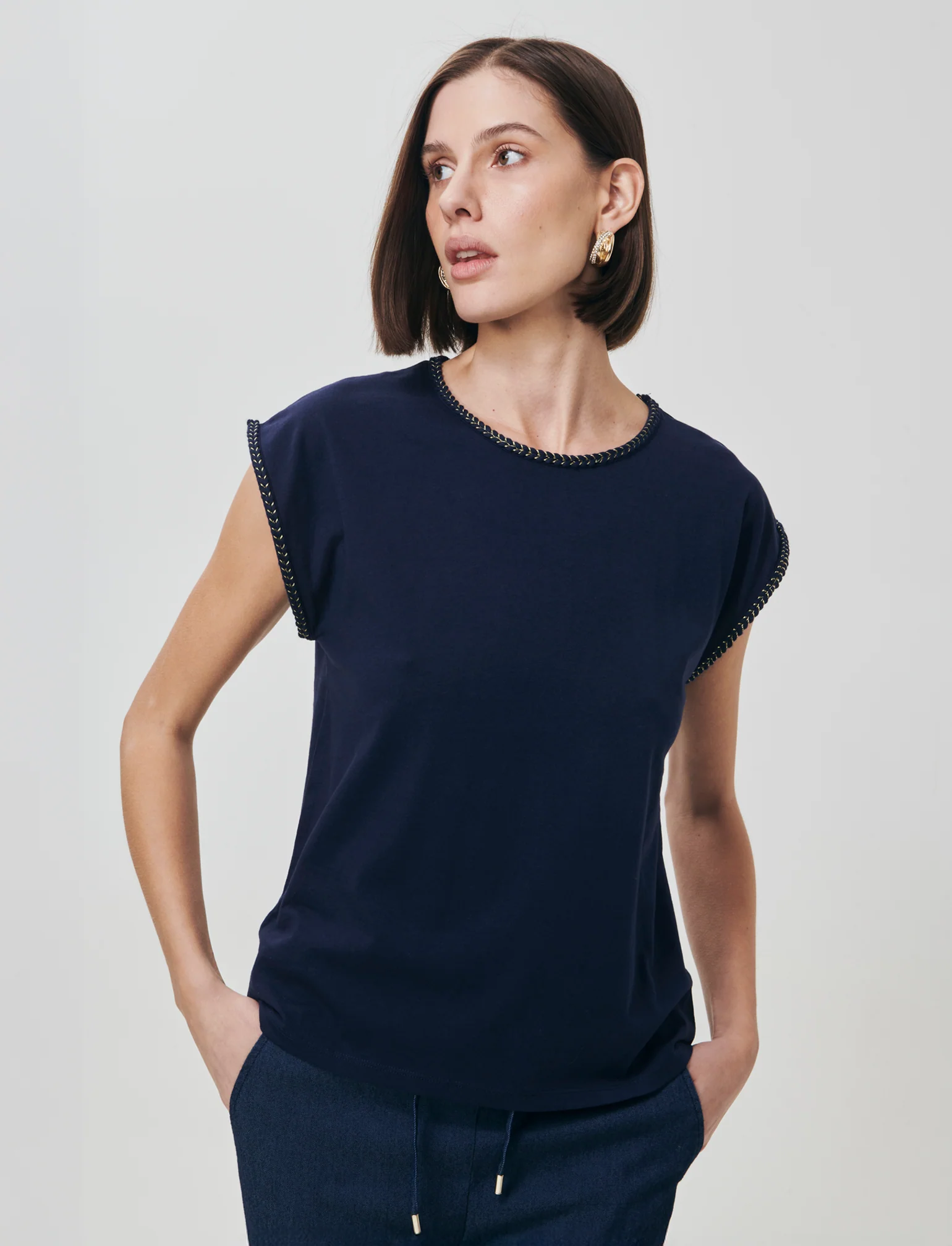 T-Shirt Cotone Manica Corto con Trim - Blu - Image 2