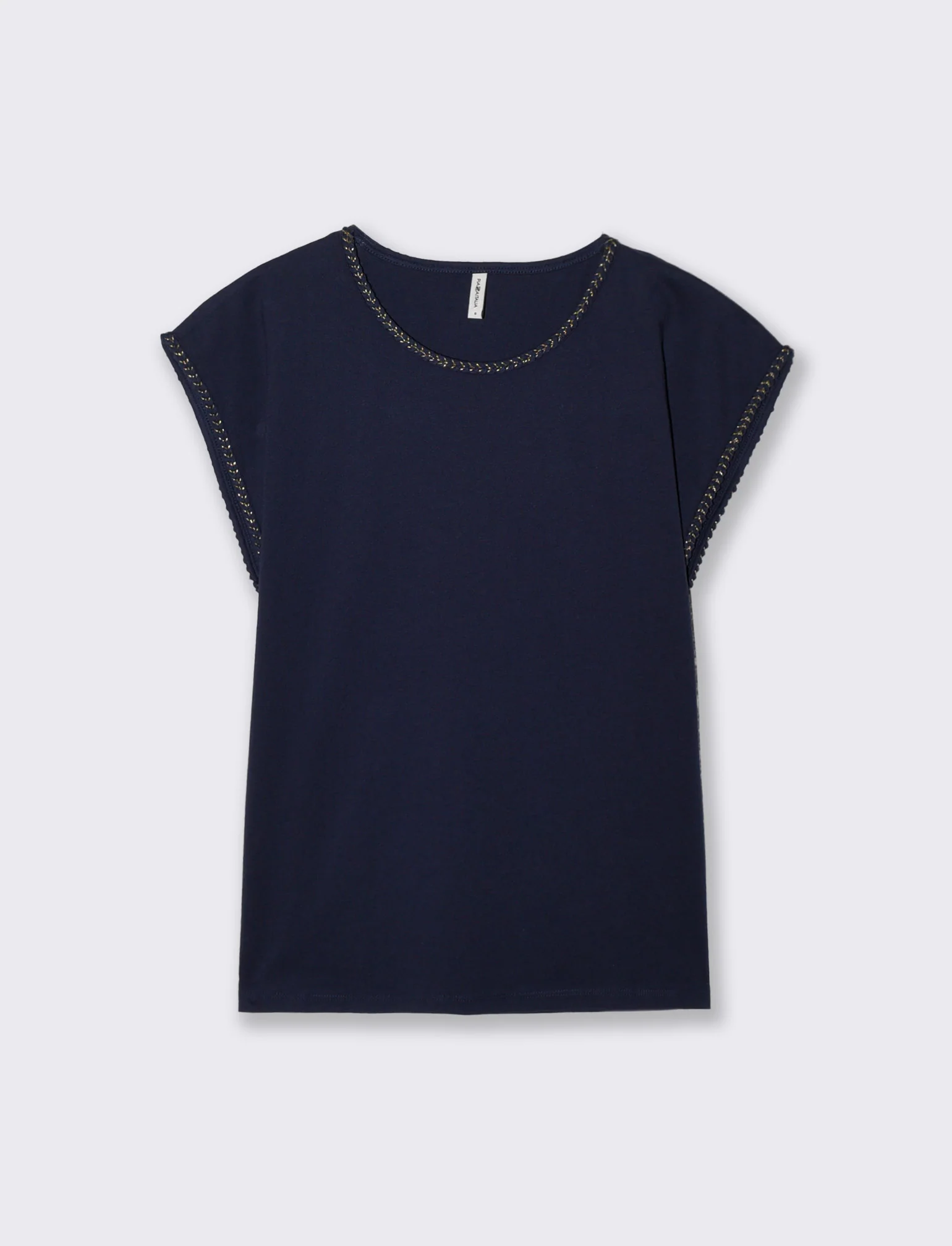 T-Shirt Cotone Manica Corto con Trim - Blu - Image 3