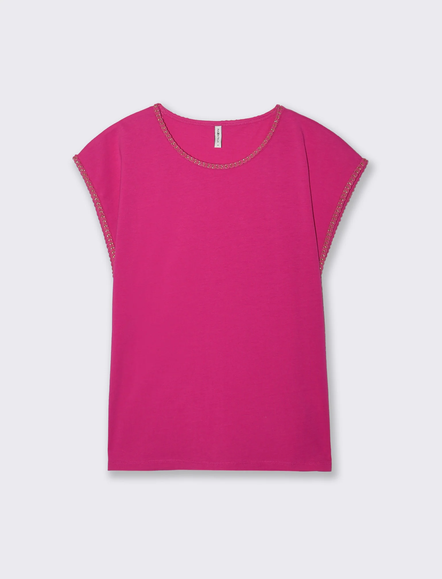 T-Shirt Cotone Manica Corto con Trim - Fuxia