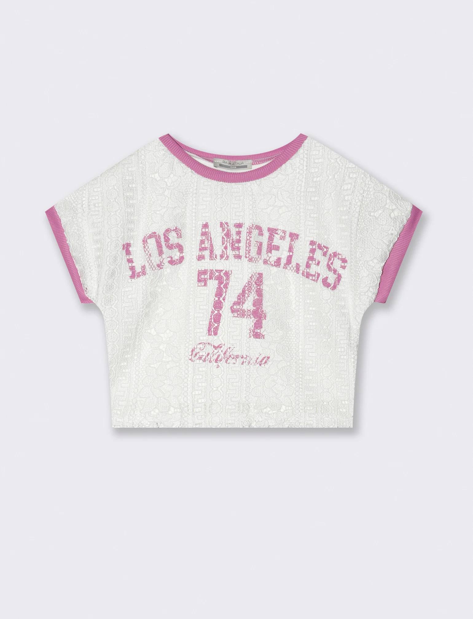 T-shirt da bambina con davanti in pizzo e stampa colorata. - Bianco